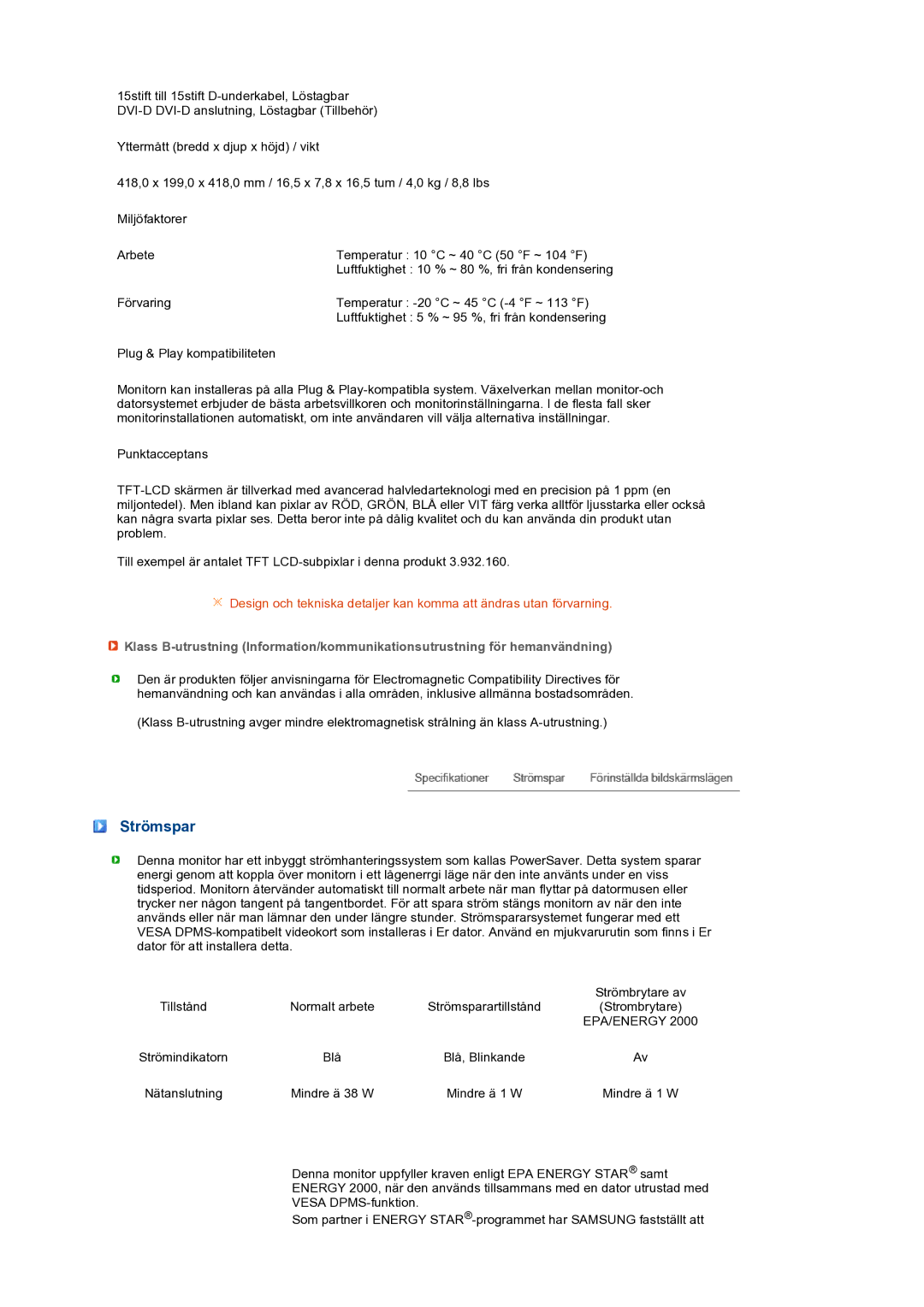 Samsung LS19PEBSWV/EDC, LS19PEBSBV/EDC manual Strömspar 