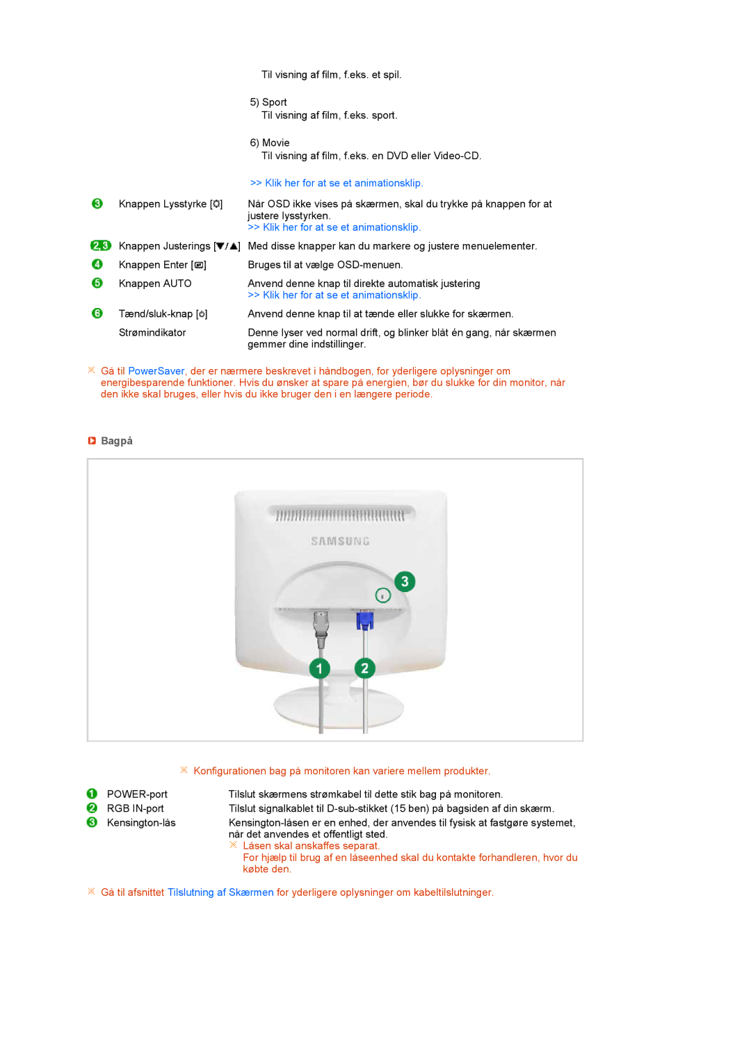 Samsung LS19PEBSBV/EDC, LS19PEBSWV/EDC manual Klik her for at se et animationsklip, Bagpå 