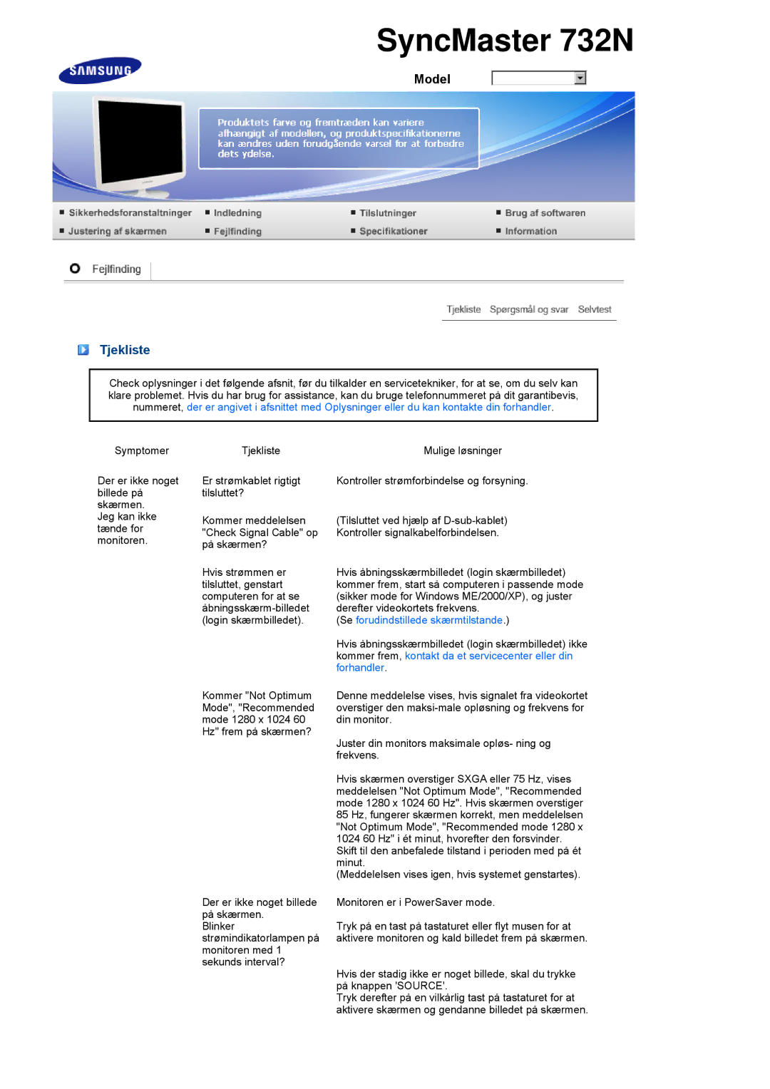 Samsung LS19PEBSWV/EDC, LS19PEBSBV/EDC manual Tjekliste, Se forudindstillede skærmtilstande 