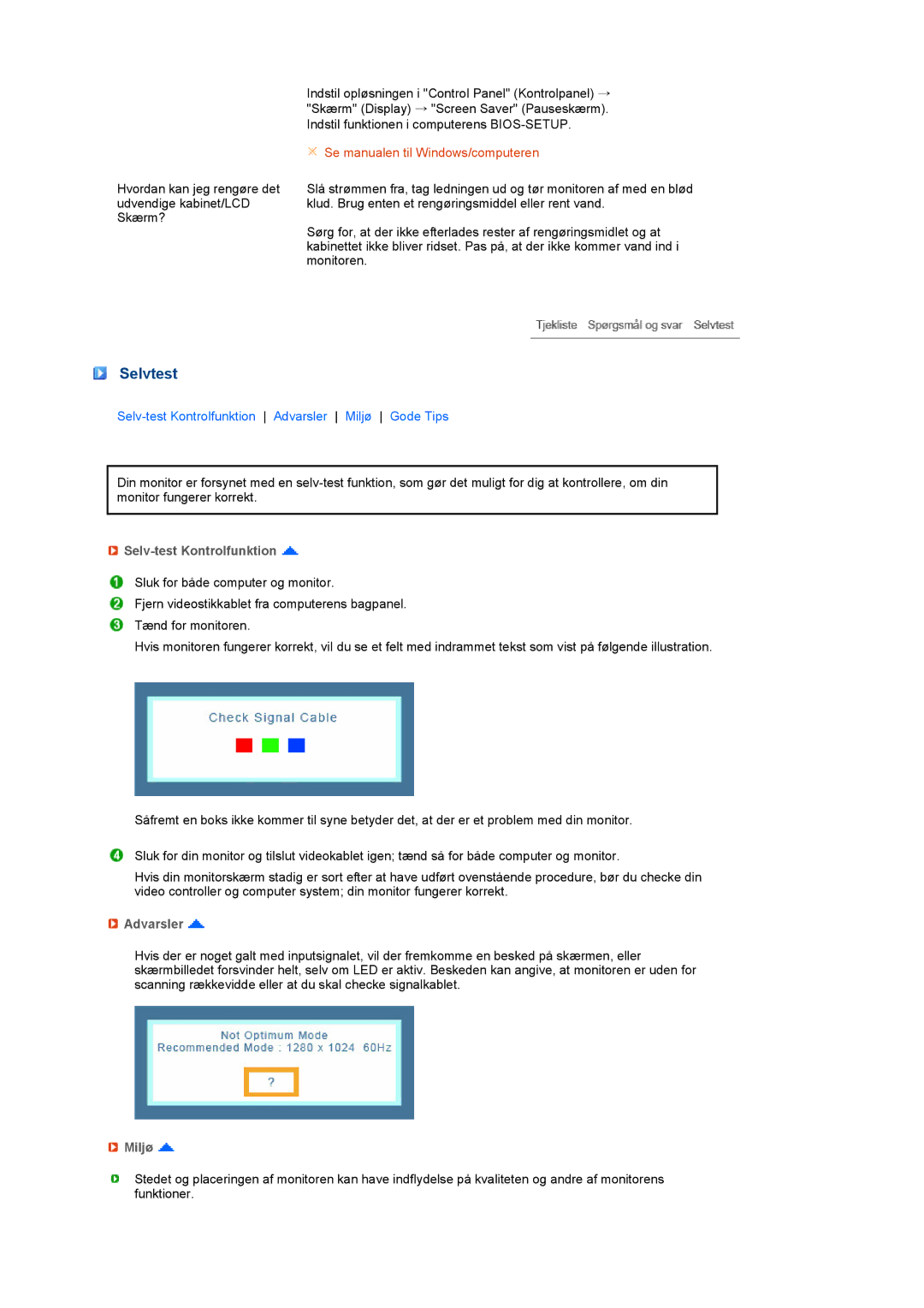 Samsung LS19PEBSBV/EDC, LS19PEBSWV/EDC manual Selvtest, Selv-test Kontrolfunktion, Advarsler, Miljø 