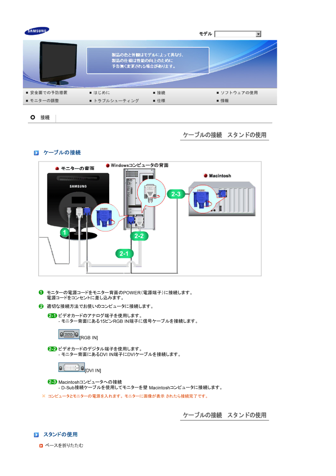 Samsung LS19PEBSF1/XSJ manual ケーブルの接続, スタンドの使用, ベースを折りたたむ 