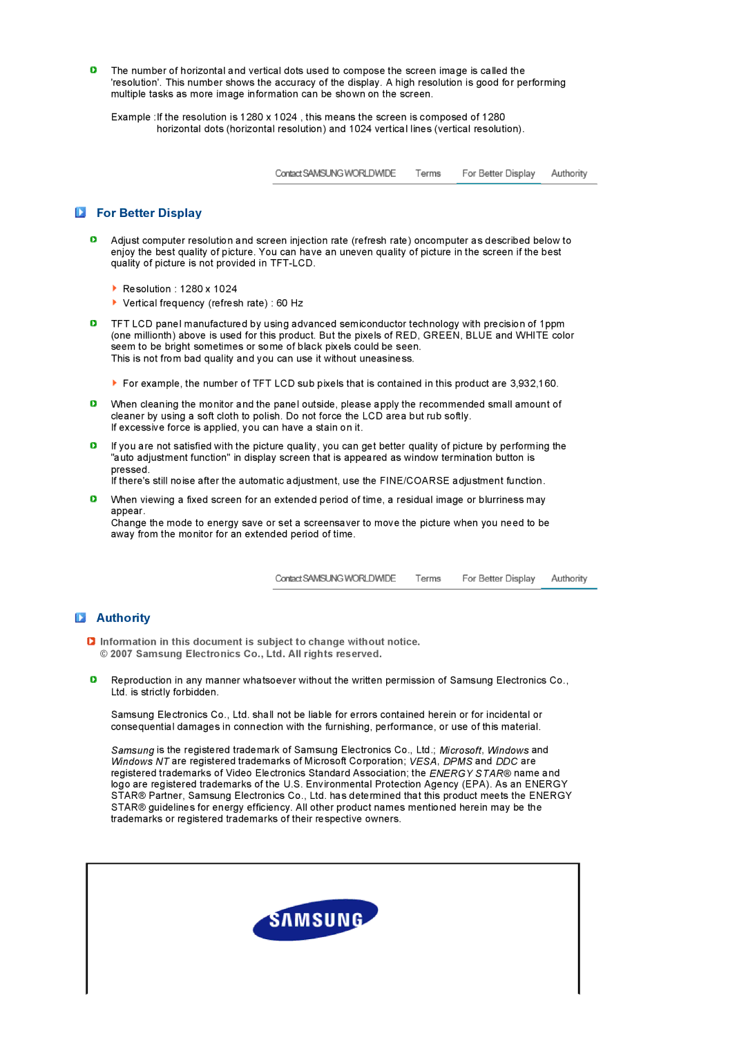 Samsung LS19PEDSFU/EDC, LS19PEDSFV/EDC, LS19PEDSF2/CI, LS19PEDSFU/ILC manual For Better Display, Authority 