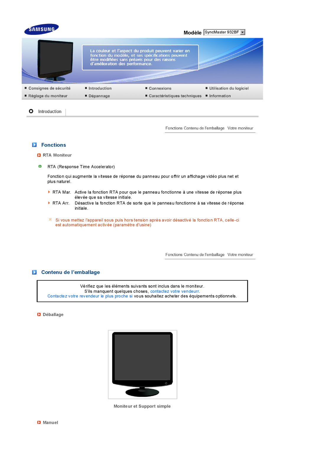 Samsung LS19PEDSFV/EDC manual Fonctions, Contenu de l’emballage, RTA Moniteur, Déballage Moniteur et Support simple Manuel 