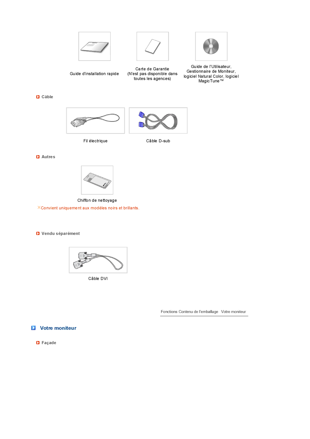 Samsung LS19PEDSFU/EDC, LS19PEDSFV/EDC manual Votre moniteur, Câble, Autres, Vendu séparément, Façade 