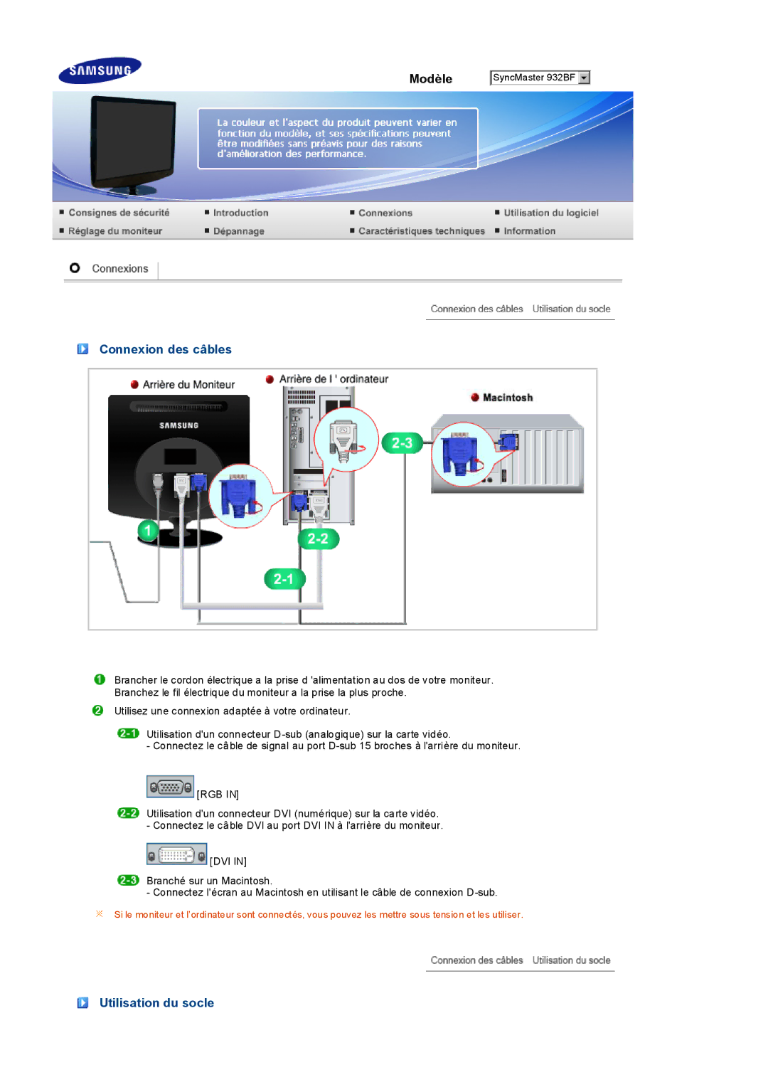 Samsung LS19PEDSFV/EDC, LS19PEDSFU/EDC manual Connexion des câbles, Utilisation du socle 