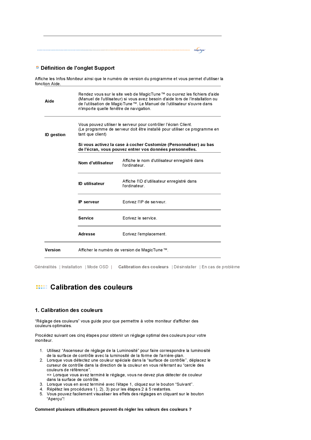 Samsung LS19PEDSFV/EDC, LS19PEDSFU/EDC manual ID gestion, ID utilisateur, IP serveur, Service, Adresse, Version 