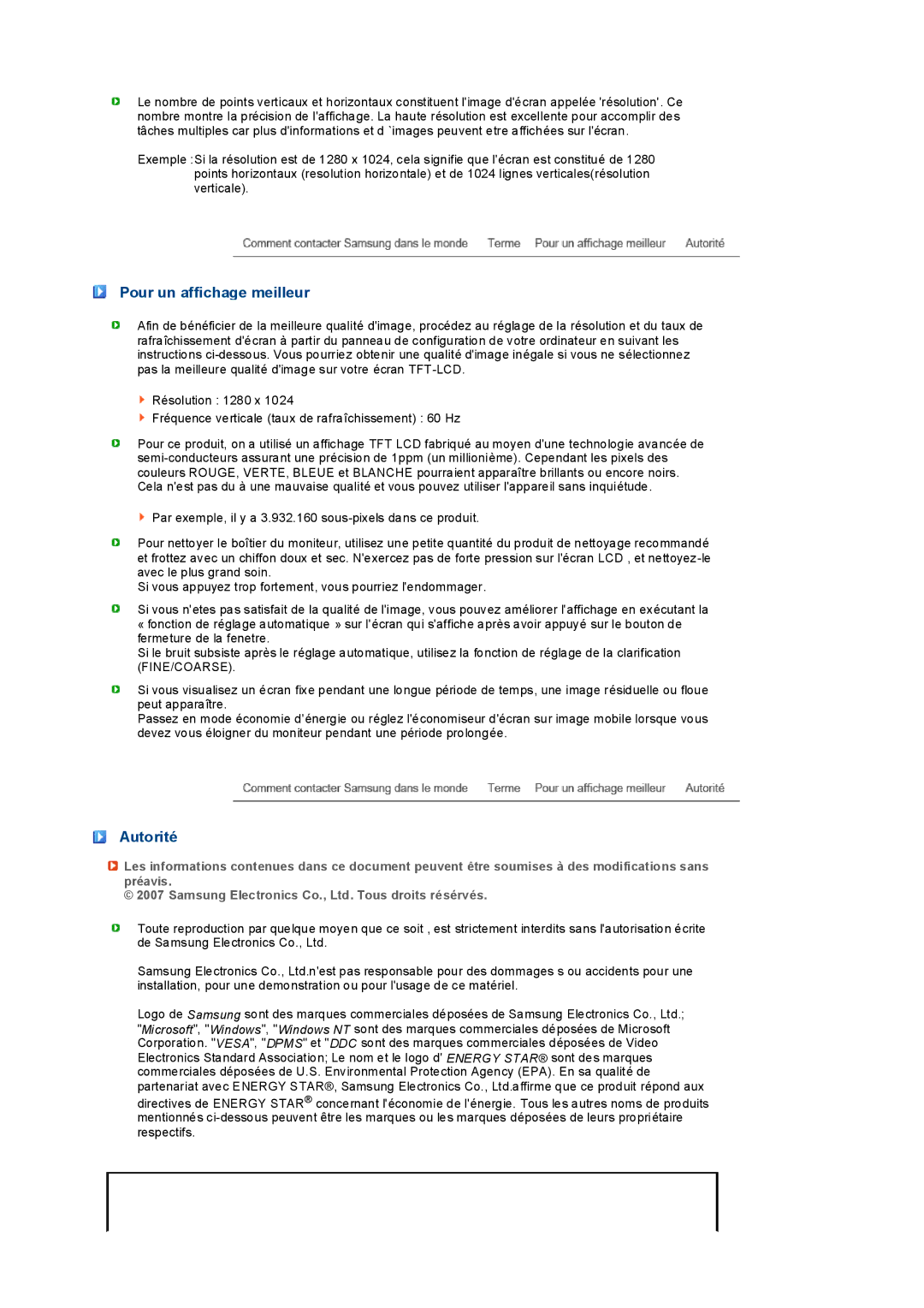 Samsung LS19PEDSFV/EDC, LS19PEDSFU/EDC manual Pour un affichage meilleur, Autorité 