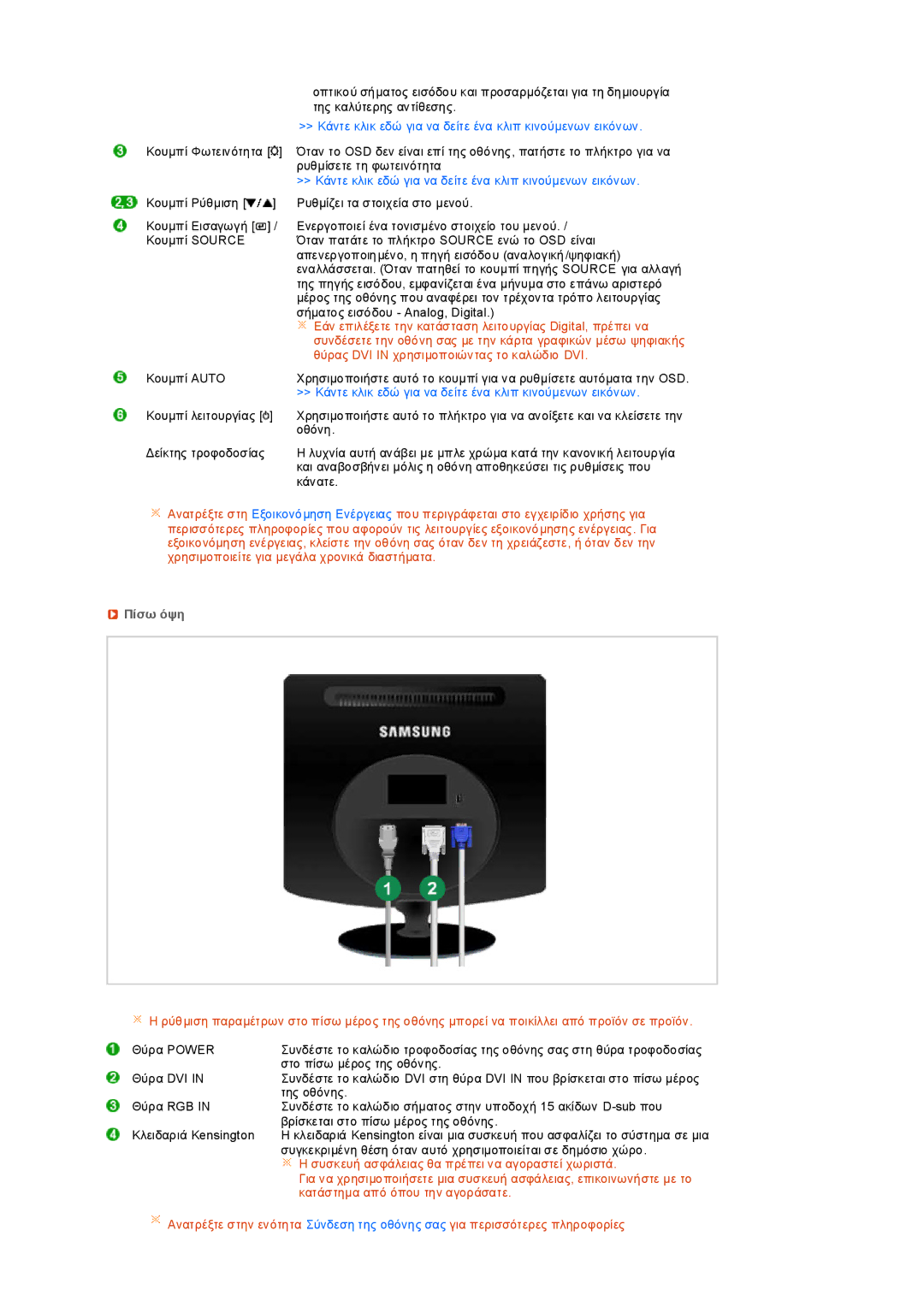 Samsung LS19PEDSFU/EDC, LS19PEDSFV/EDC manual Κάντε κλικ εδώ για να δείτε ένα κλιπ κινούµενων εικόνων, Πίσω όψη 