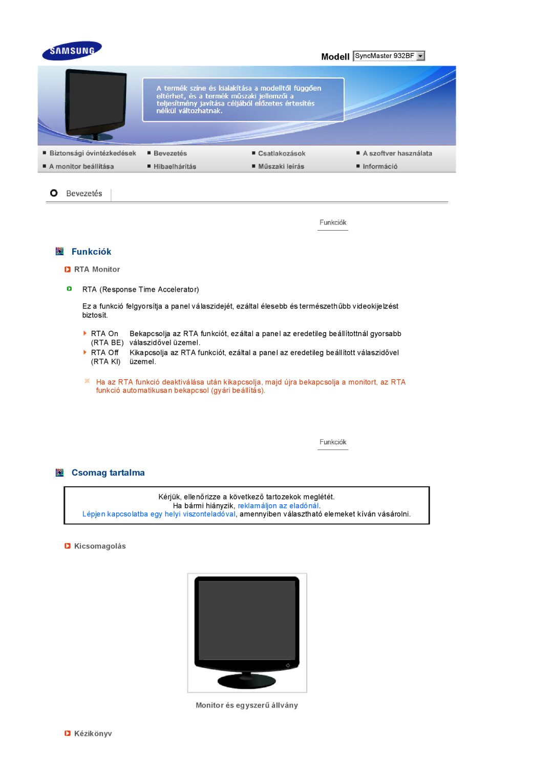 Samsung LS19PEDSFV/EDC manual Funkciók, Csomag tartalma, RTA Monitor, Kicsomagolás Monitor és egyszerű állvány Kézikönyv 