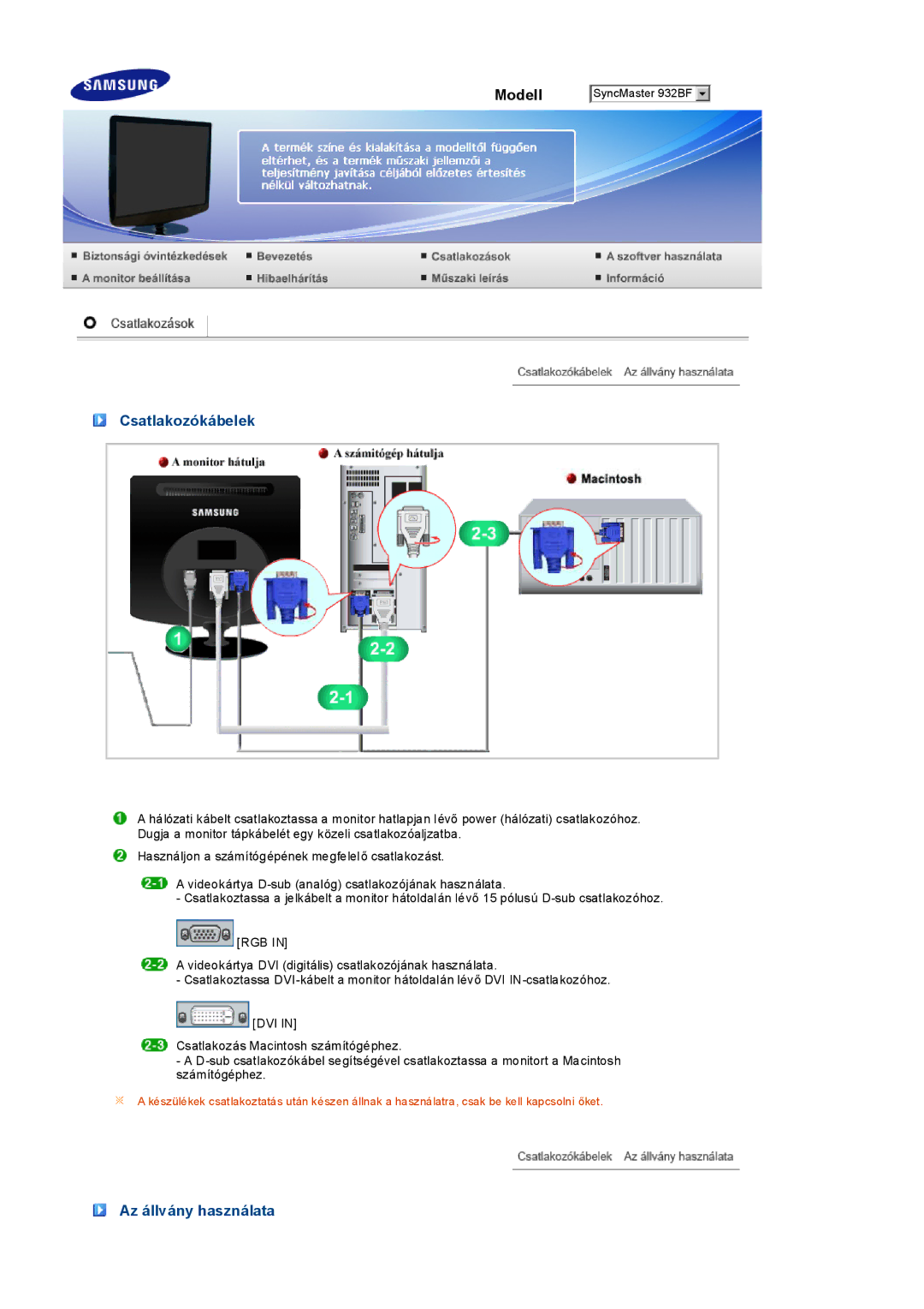 Samsung LS19PEDSFV/EDC, LS19PEDSFU/EDC manual Csatlakozókábelek, Az állvány használata 