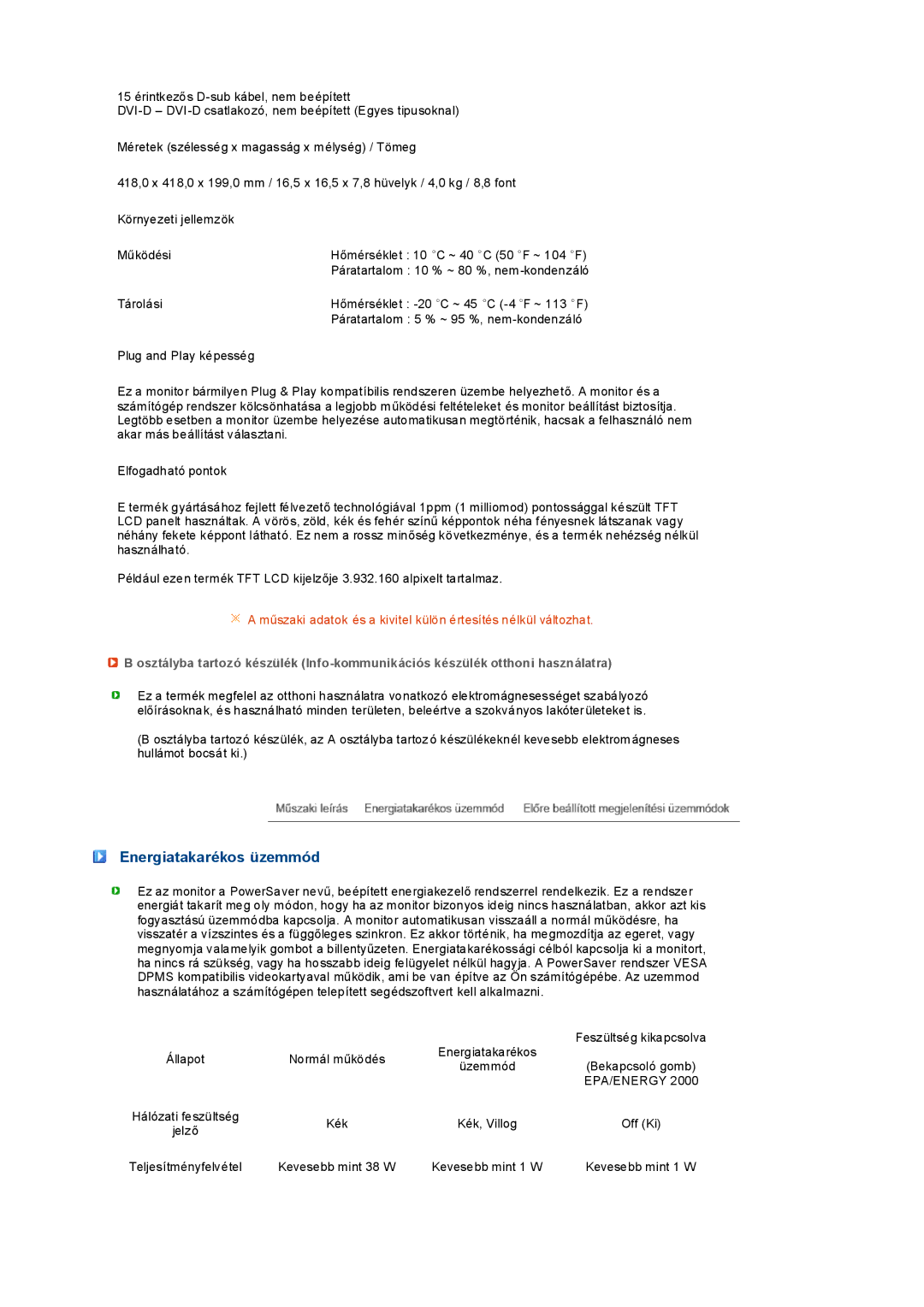 Samsung LS19PEDSFV/EDC, LS19PEDSFU/EDC manual Energiatakarékos üzemmód, Epa/Energy 