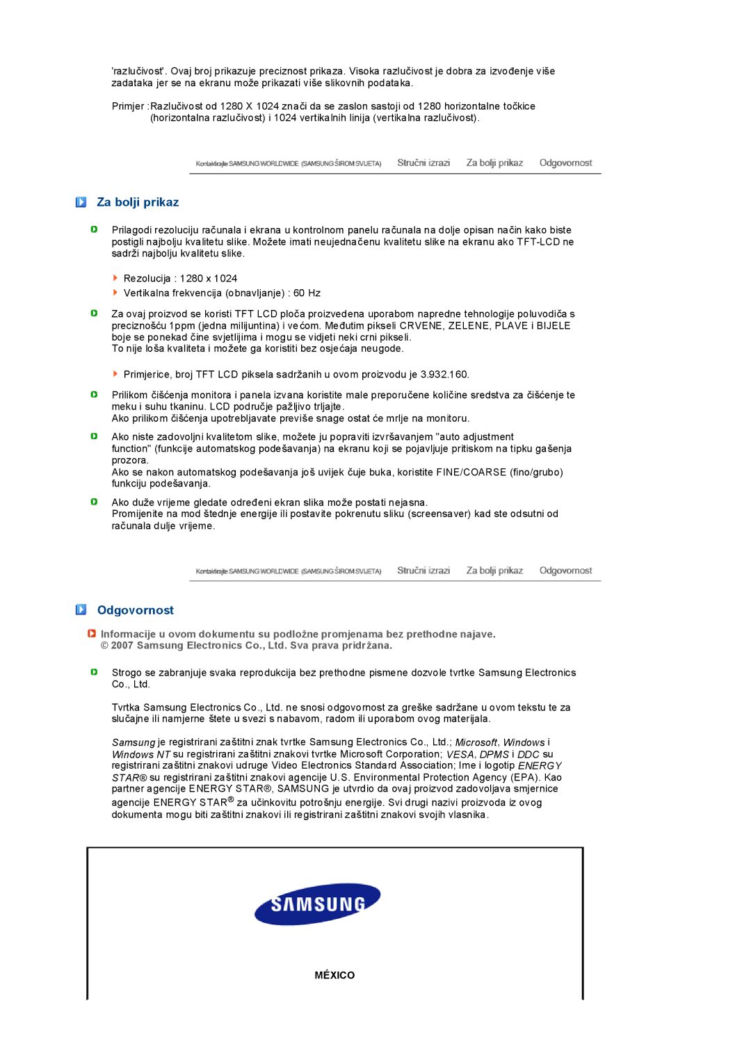 Samsung LS19PEDSFV/EDC, LS19PEDSFU/EDC manual Za bolji prikaz, Odgovornost 