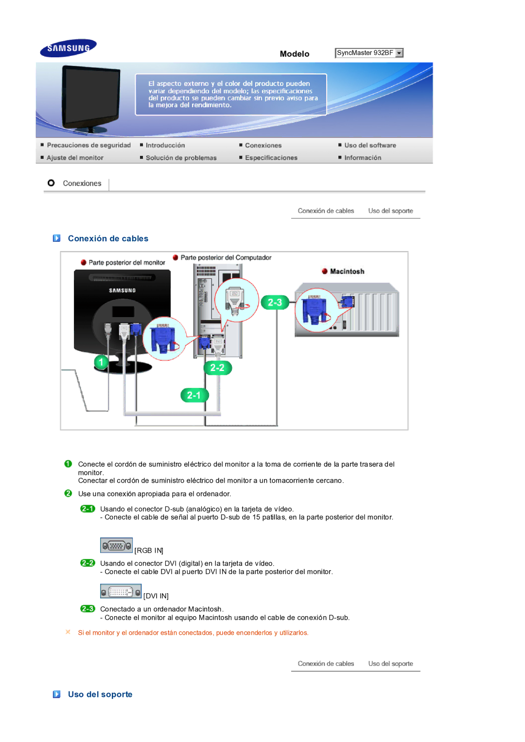 Samsung LS19PEDSFV/EDC manual Conexión de cables, Uso del soporte 