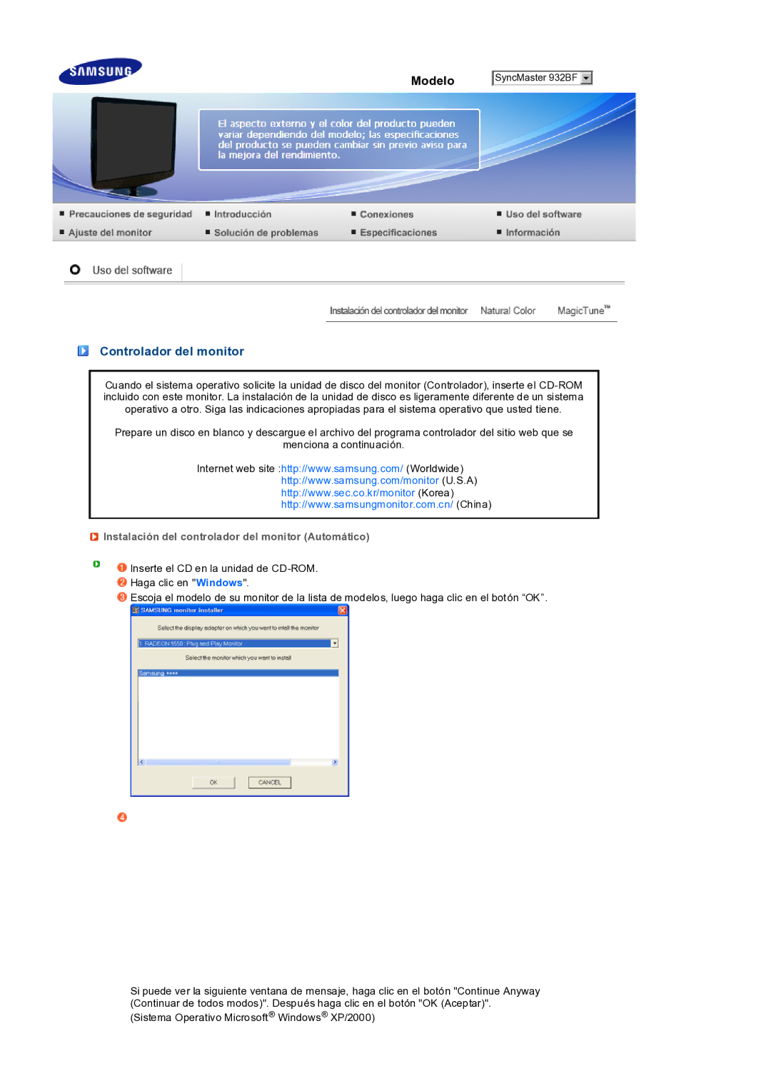 Samsung LS19PEDSFV/EDC manual Controlador del monitor, Instalación del controlador del monitor Automático 