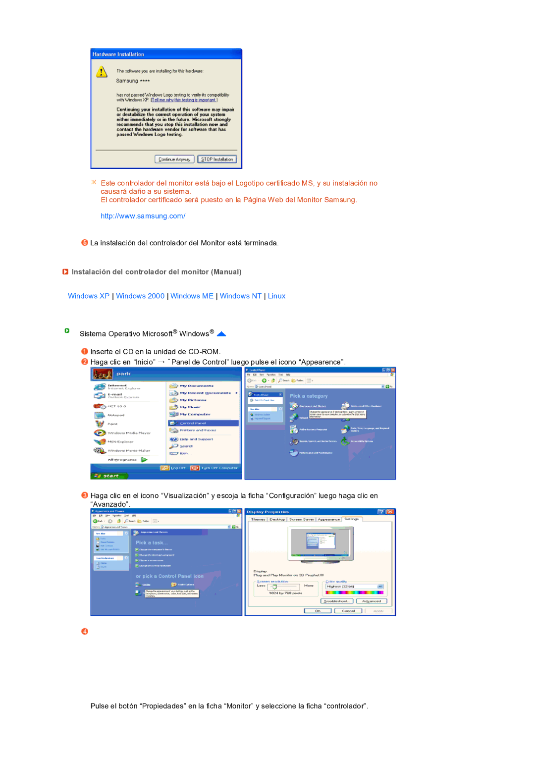 Samsung LS19PEDSFV/EDC Instalación del controlador del monitor Manual, Windows XP Windows 2000 Windows ME Windows NT Linux 