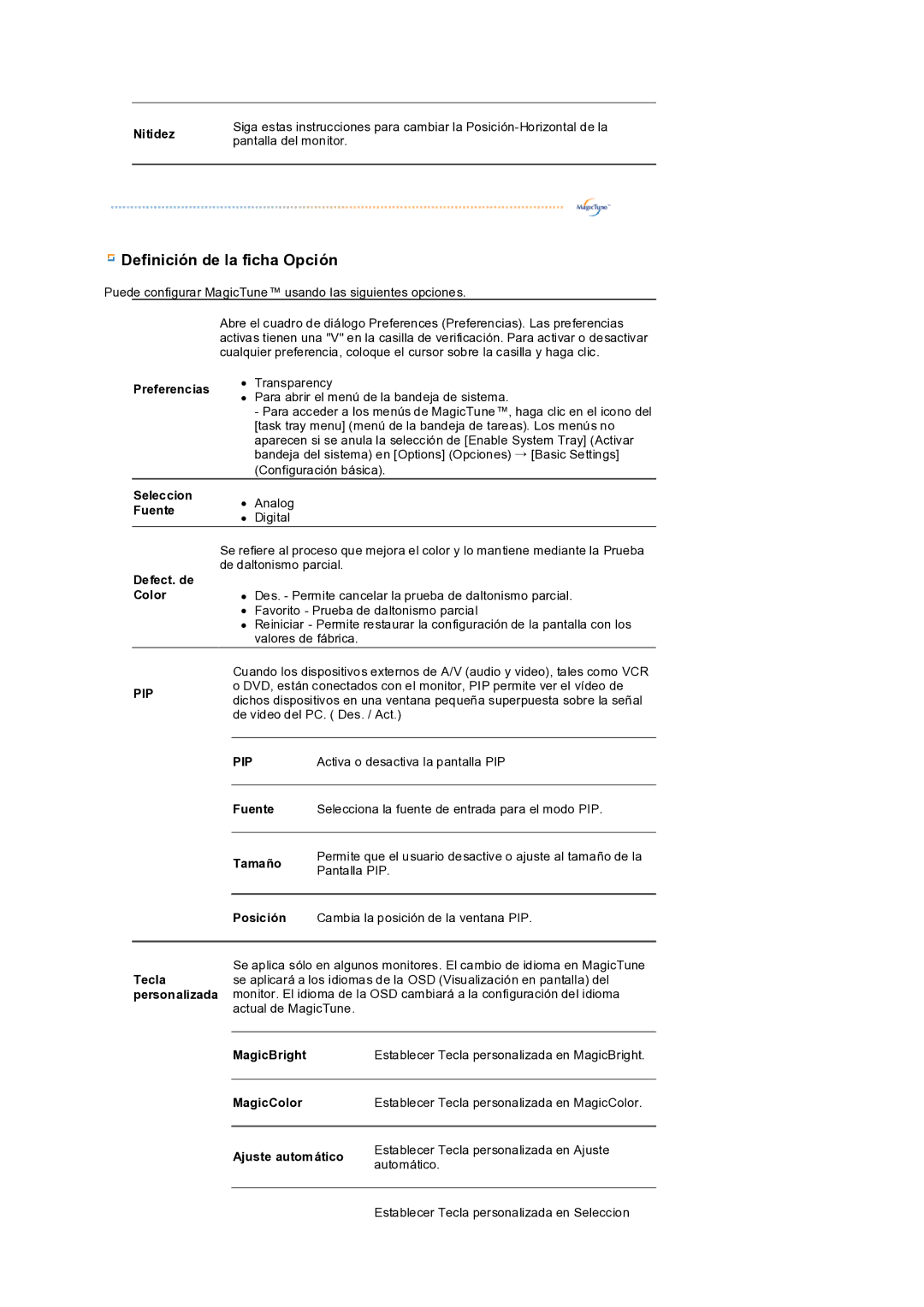 Samsung LS19PEDSFV/EDC manual Definición de la ficha Opción 