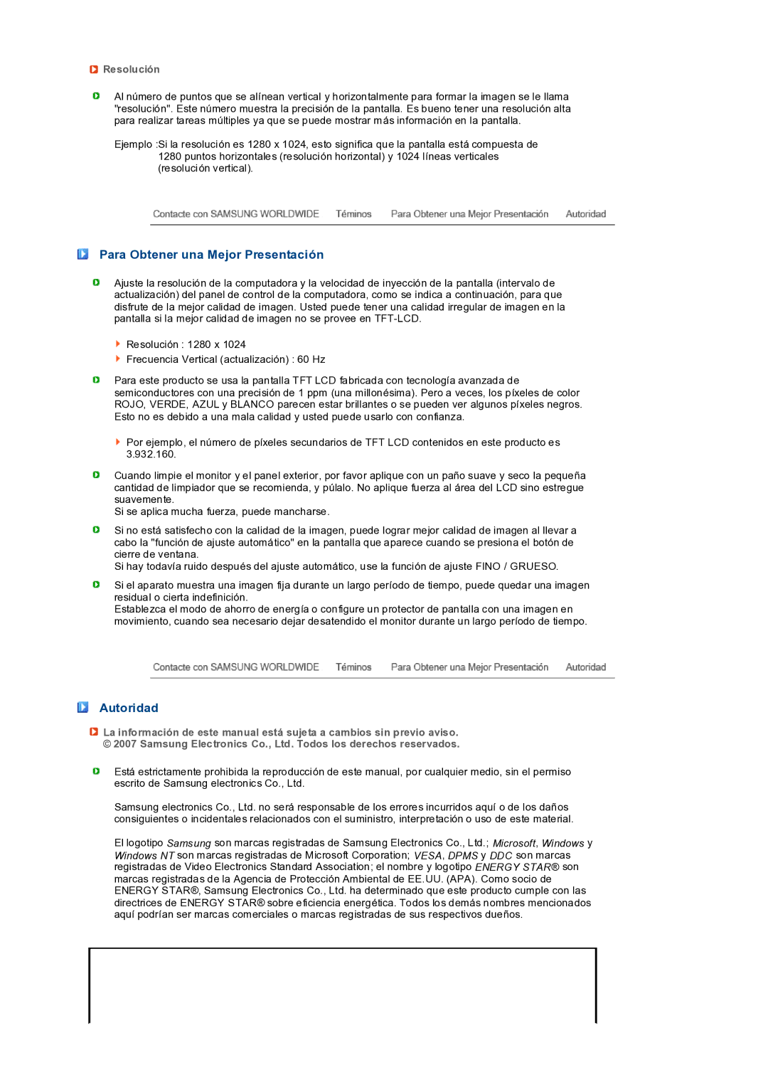 Samsung LS19PEDSFV/EDC manual Para Obtener una Mejor Presentación, Autoridad, Resolución 