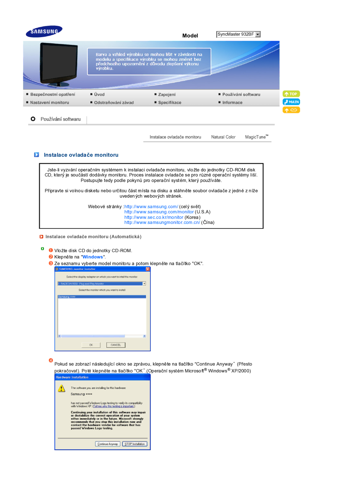 Samsung LS19PEDSFV/EDC manual Instalace ovladače monitoru Automatická 