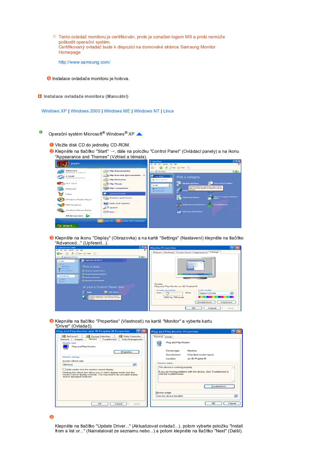 Samsung LS19PEDSFV/EDC manual Instalace ovladače monitoru Manuální, Windows XP Windows 2000 Windows ME Windows NT Linux 