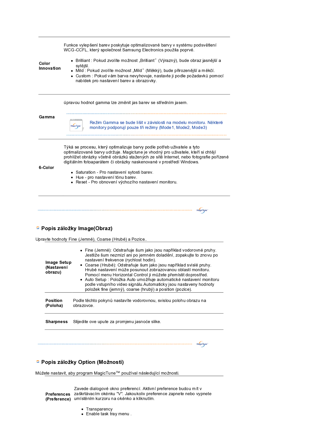 Samsung LS19PEDSFV/EDC manual Popis záložky ImageObraz, Popis záložky Option Možnosti 