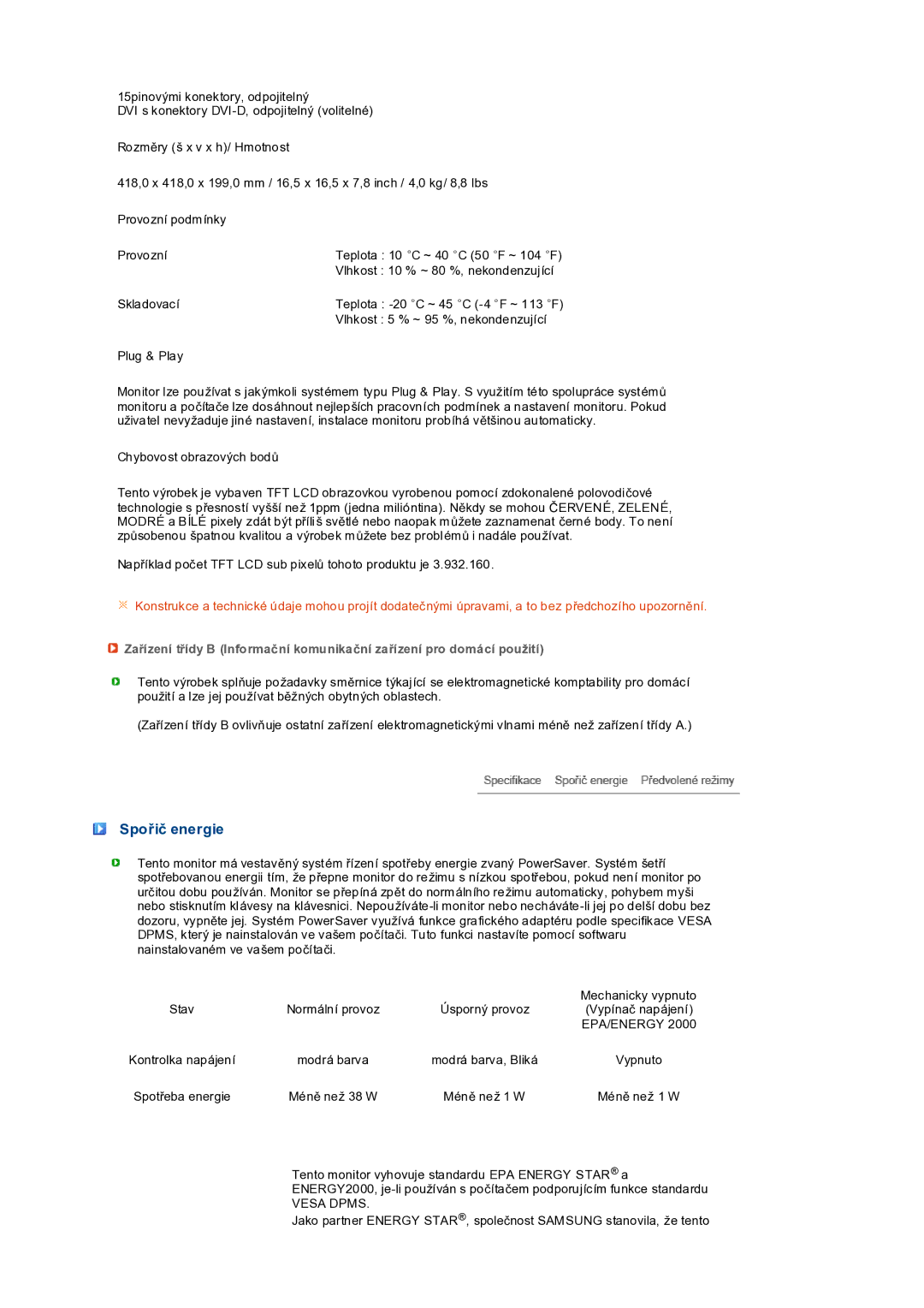 Samsung LS19PEDSFV/EDC manual Spořič energie, Epa/Energy 