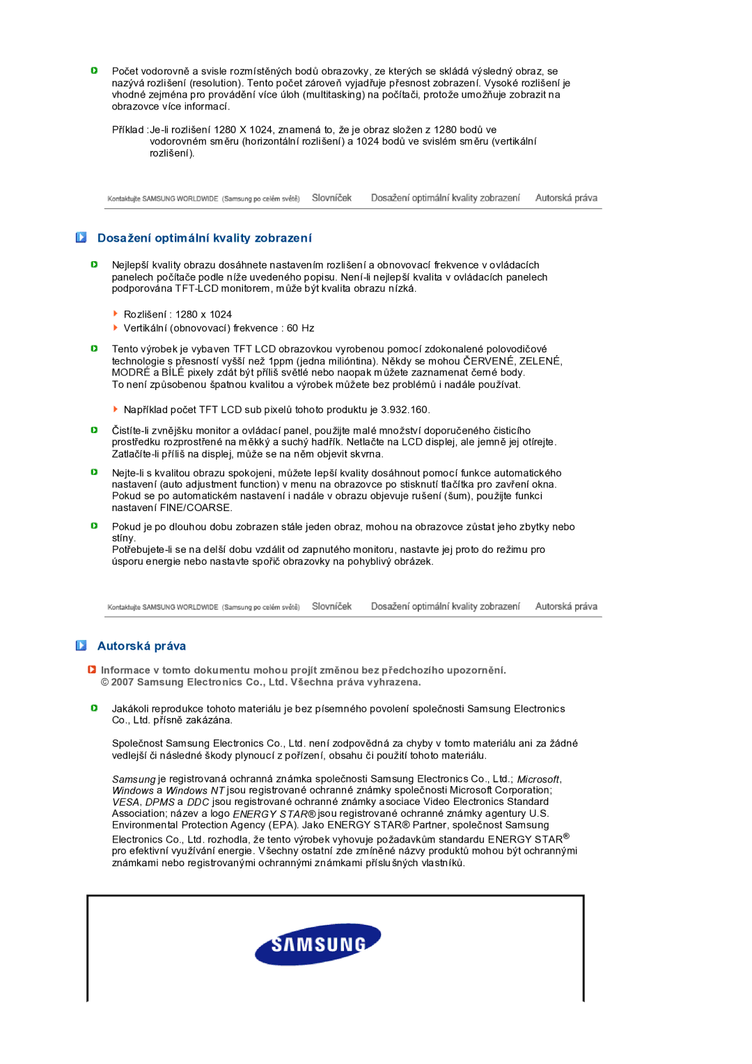 Samsung LS19PEDSFV/EDC manual Dosažení optimální kvality zobrazení, Autorská práva 