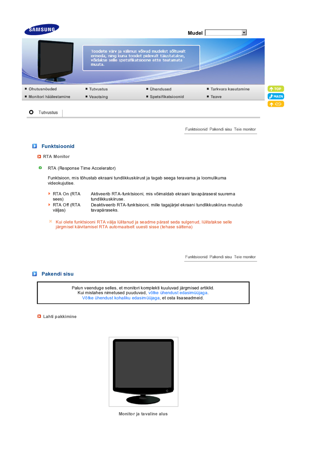 Samsung LS19PEDSFV/EDC manual Funktsioonid, Pakendi sisu, RTA Monitor, Lahti pakkimine Monitor ja tavaline alus 