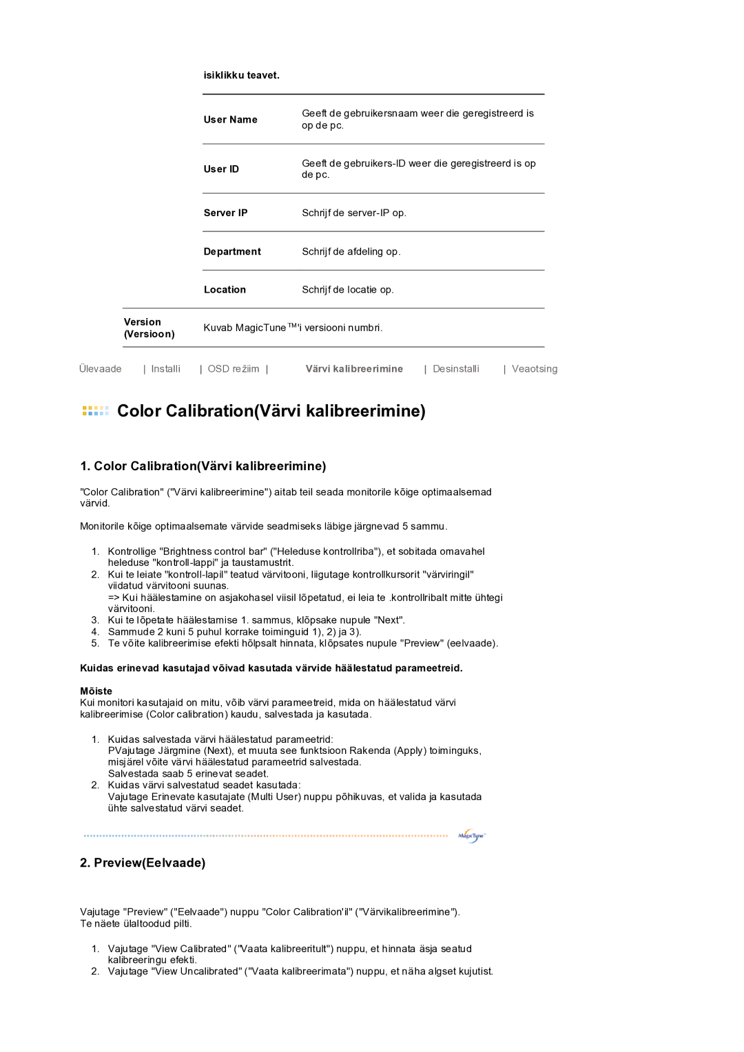 Samsung LS19PEDSFV/EDC manual Color CalibrationVärvi kalibreerimine 