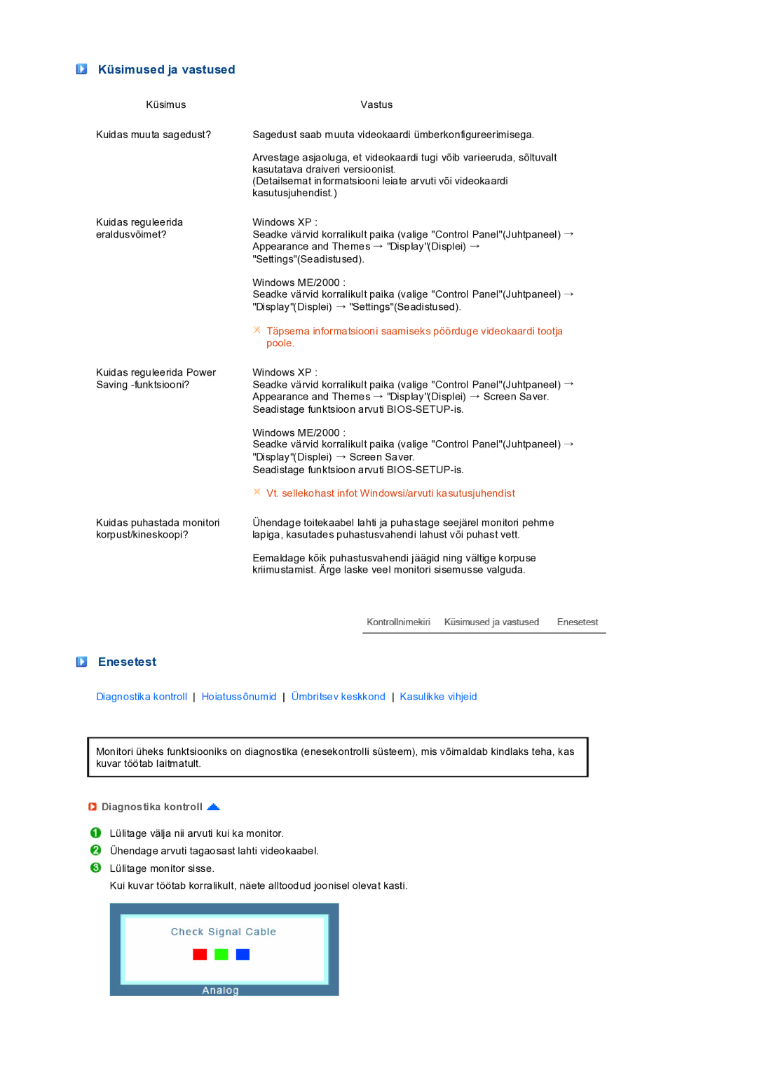 Samsung LS19PEDSFV/EDC manual Küsimused ja vastused, Enesetest, Diagnostika kontroll 