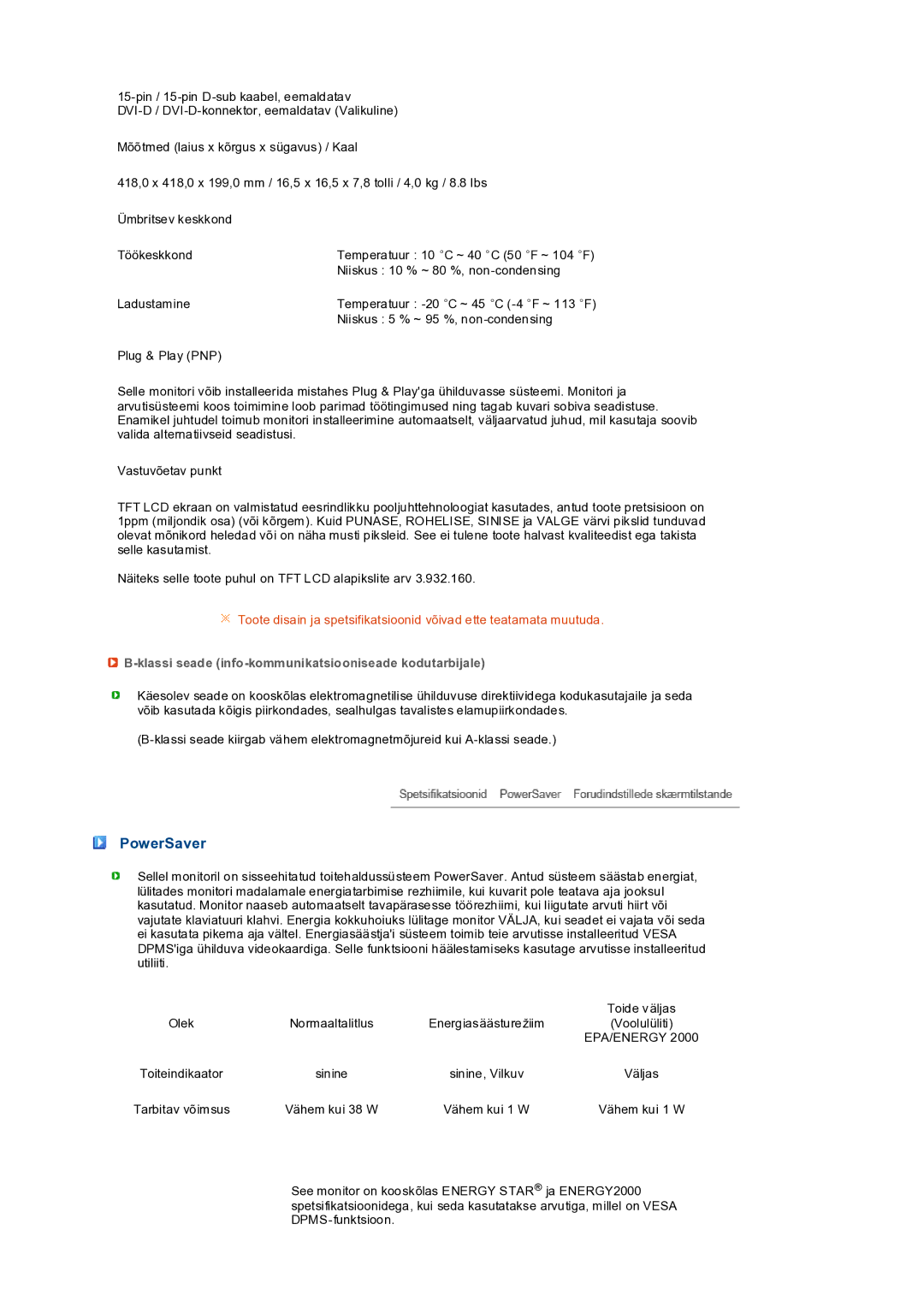 Samsung LS19PEDSFV/EDC manual PowerSaver, Klassi seade info-kommunikatsiooniseade kodutarbijale 