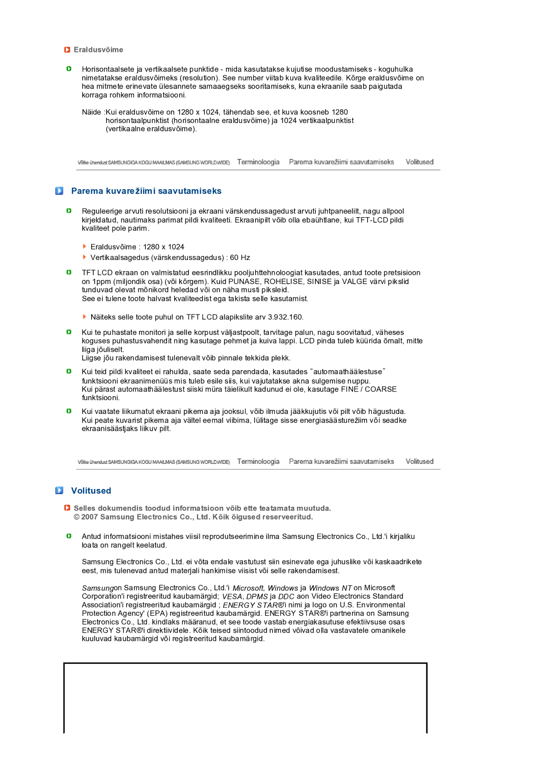 Samsung LS19PEDSFV/EDC manual Parema kuvarežiimi saavutamiseks, Volitused, Eraldusvõime 