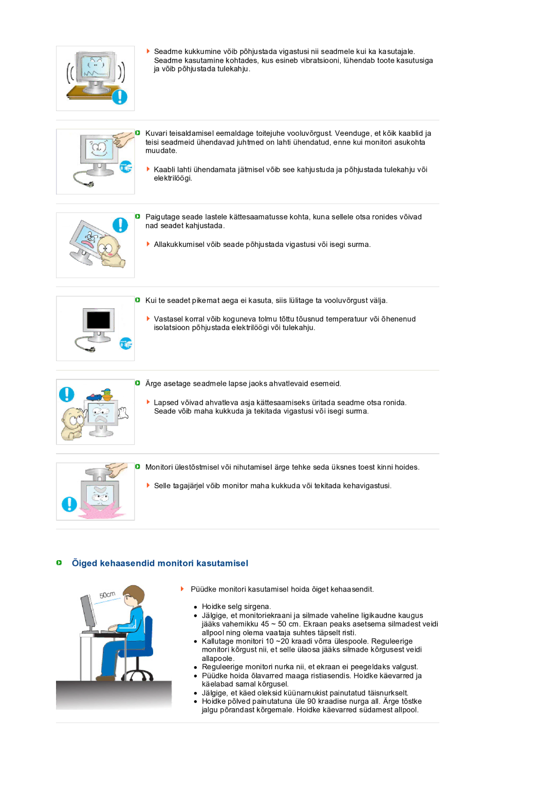 Samsung LS19PEDSFV/EDC manual Õiged kehaasendid monitori kasutamisel 