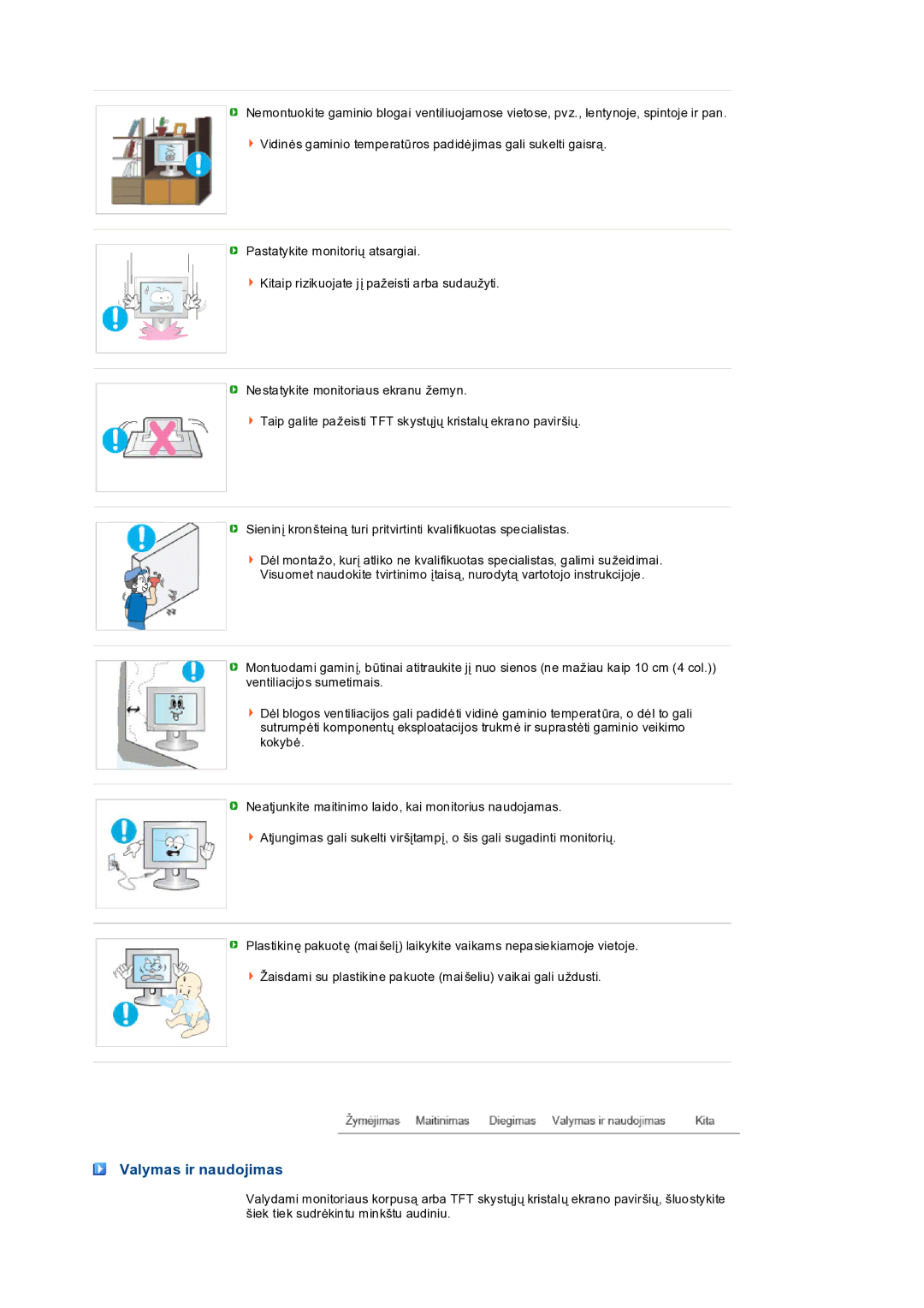 Samsung LS19PEDSFV/EDC manual Valymas ir naudojimas 