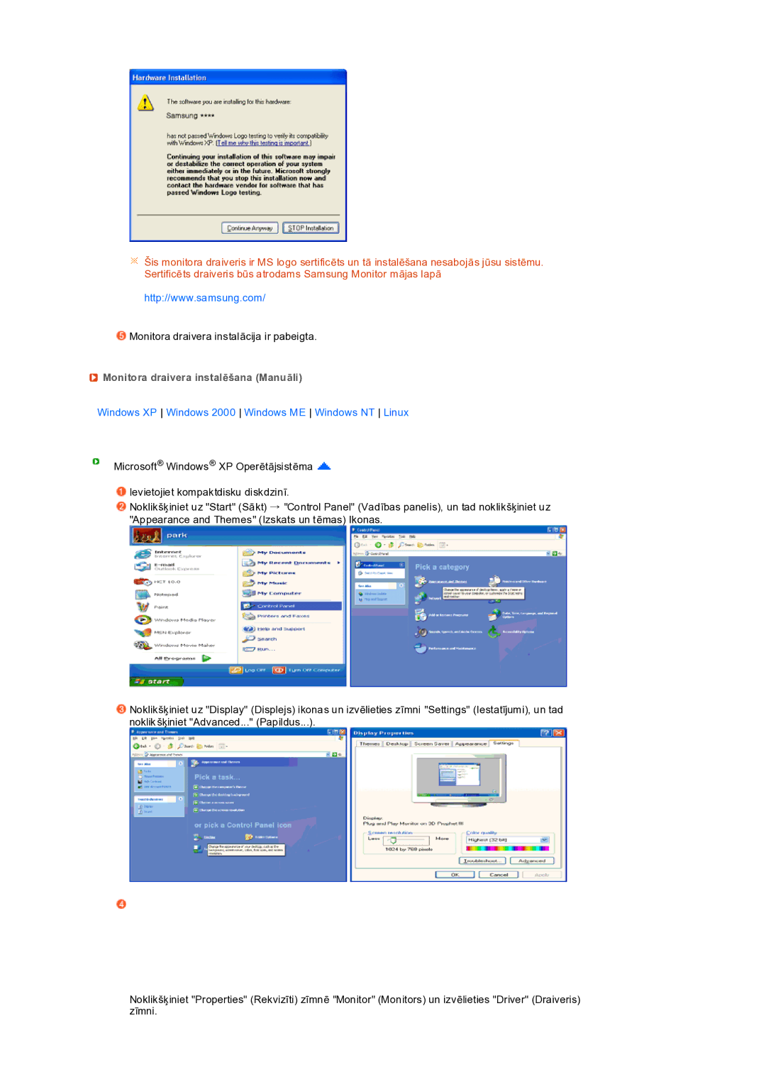 Samsung LS19PEDSFV/EDC manual Monitora draivera instalēšana Manuāli, Windows XP Windows 2000 Windows ME Windows NT Linux 