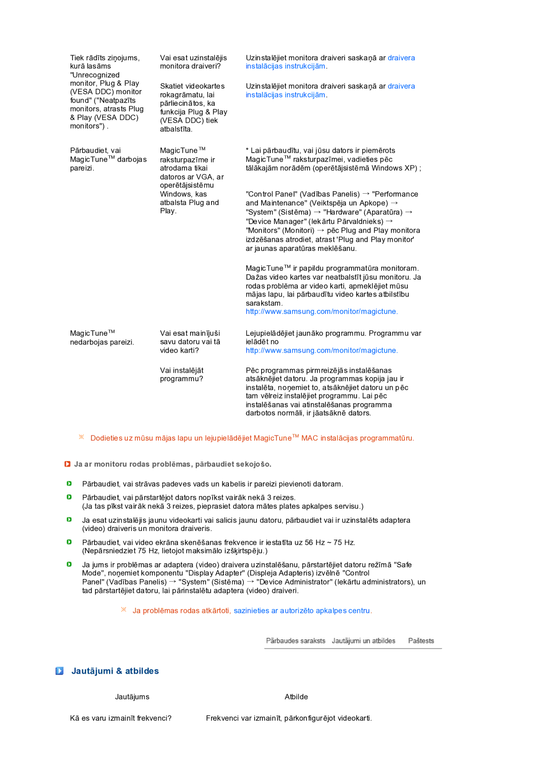 Samsung LS19PEDSFV/EDC manual Jautājumi & atbildes, Ja ar monitoru rodas problēmas, pārbaudiet sekojošo 