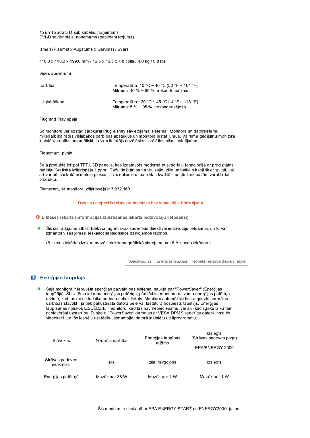 Samsung LS19PEDSFV/EDC manual Enerģijas taupītājs, Epa/Energy 