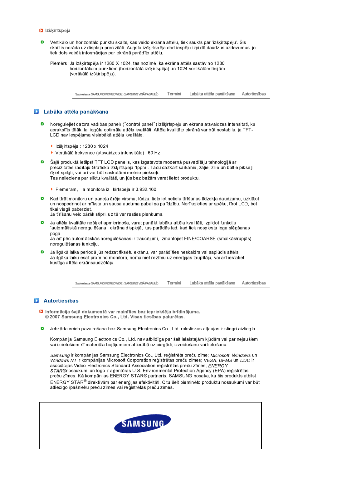 Samsung LS19PEDSFV/EDC manual Labāka attēla panākšana, Autortiesības, Izšķirtspēja 