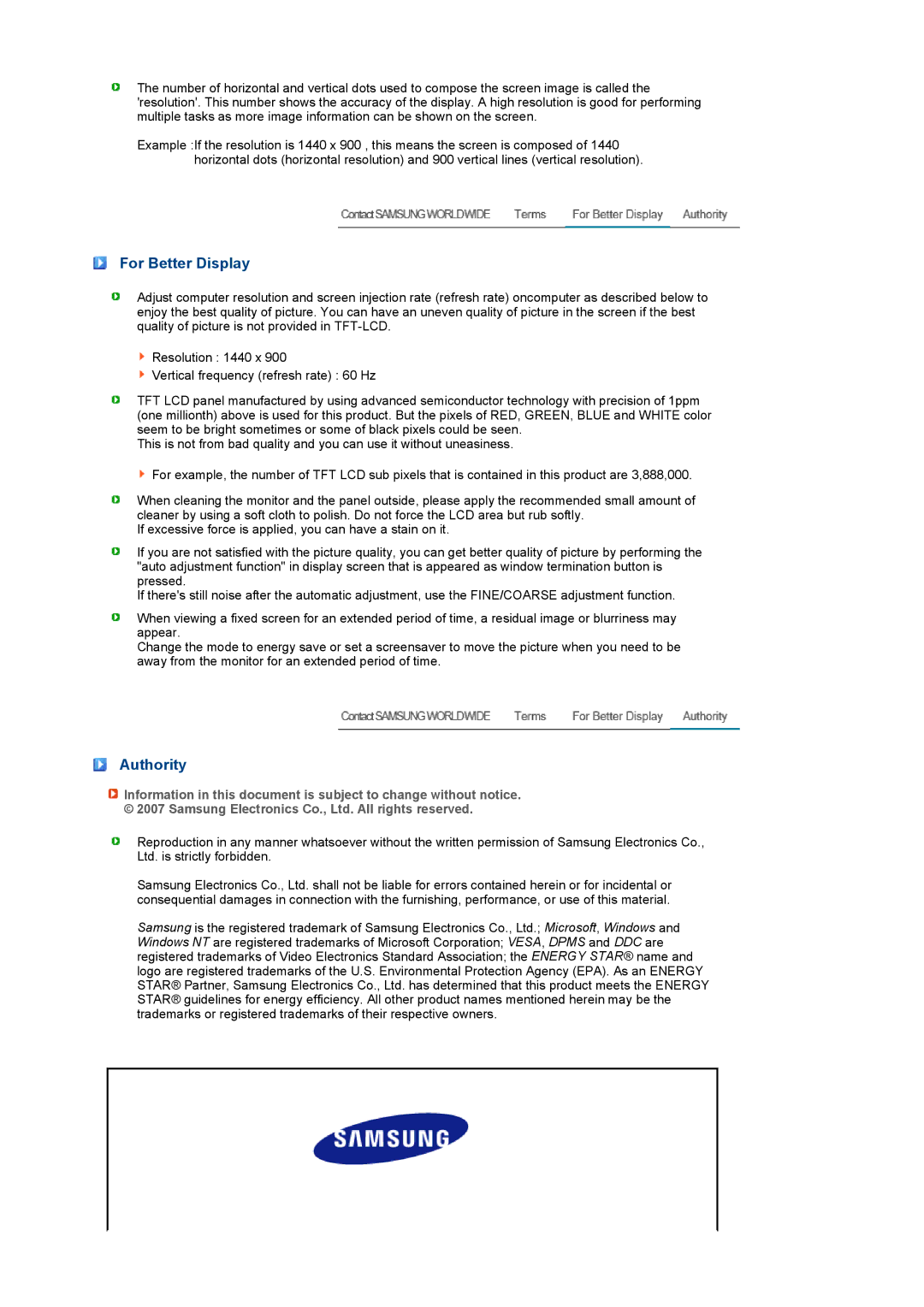 Samsung LS19PEJSFV/EDC, LS19PEJSFV/CLT manual For Better Display, Authority 