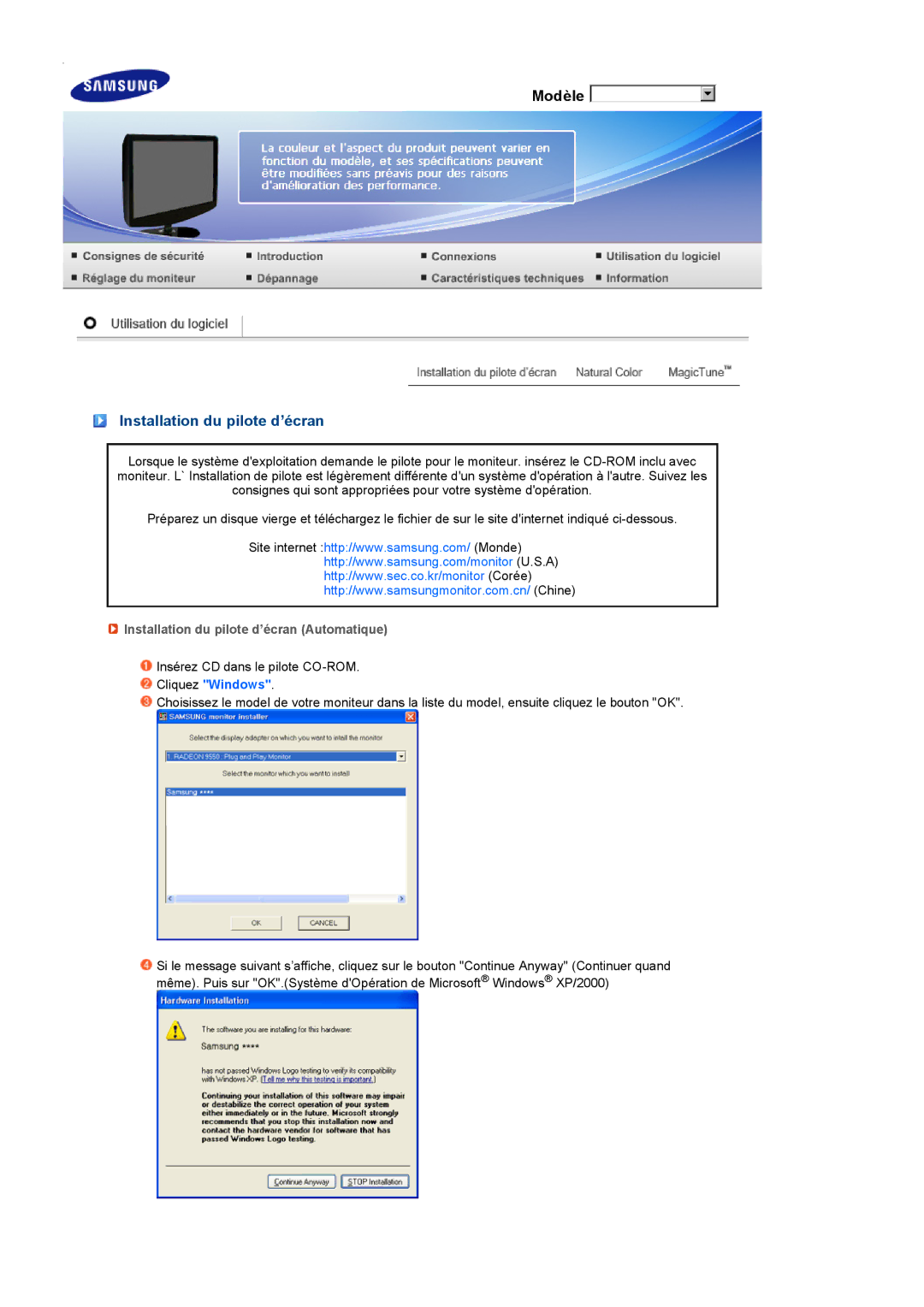 Samsung LS19PEJSFV/EDC manual Installation du pilote d’écran Automatique 