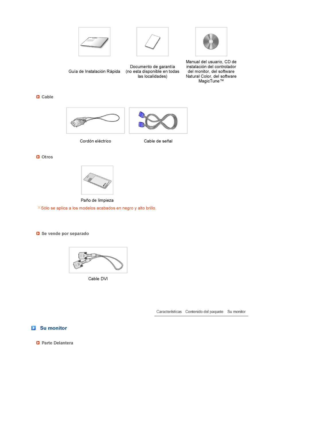 Samsung LS19PEJSFV/EDC manual Su monitor, Cable, Otros, Se vende por separado, Parte Delantera 