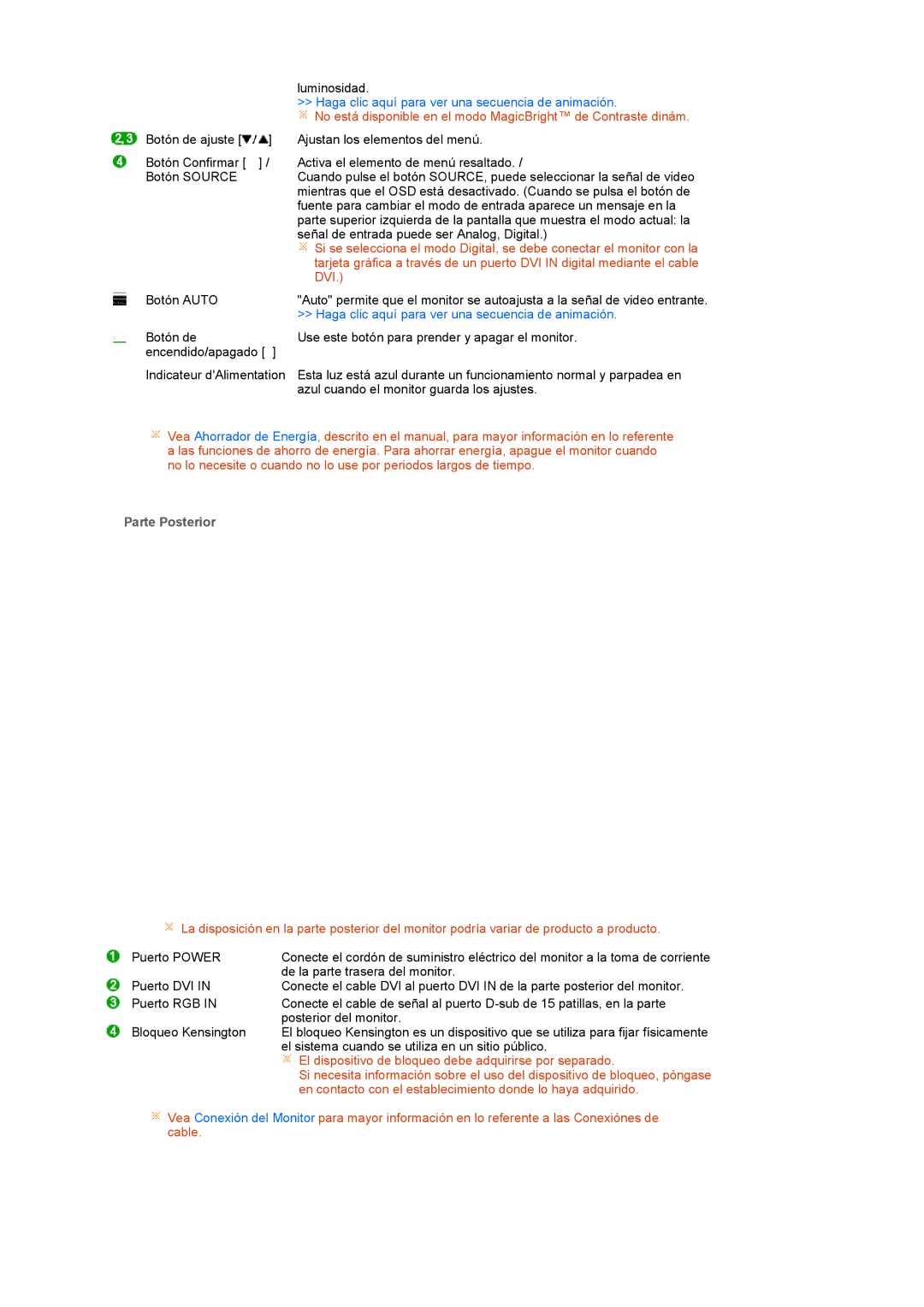 Samsung LS19PEJSFV/EDC manual Dvi, Parte Posterior 