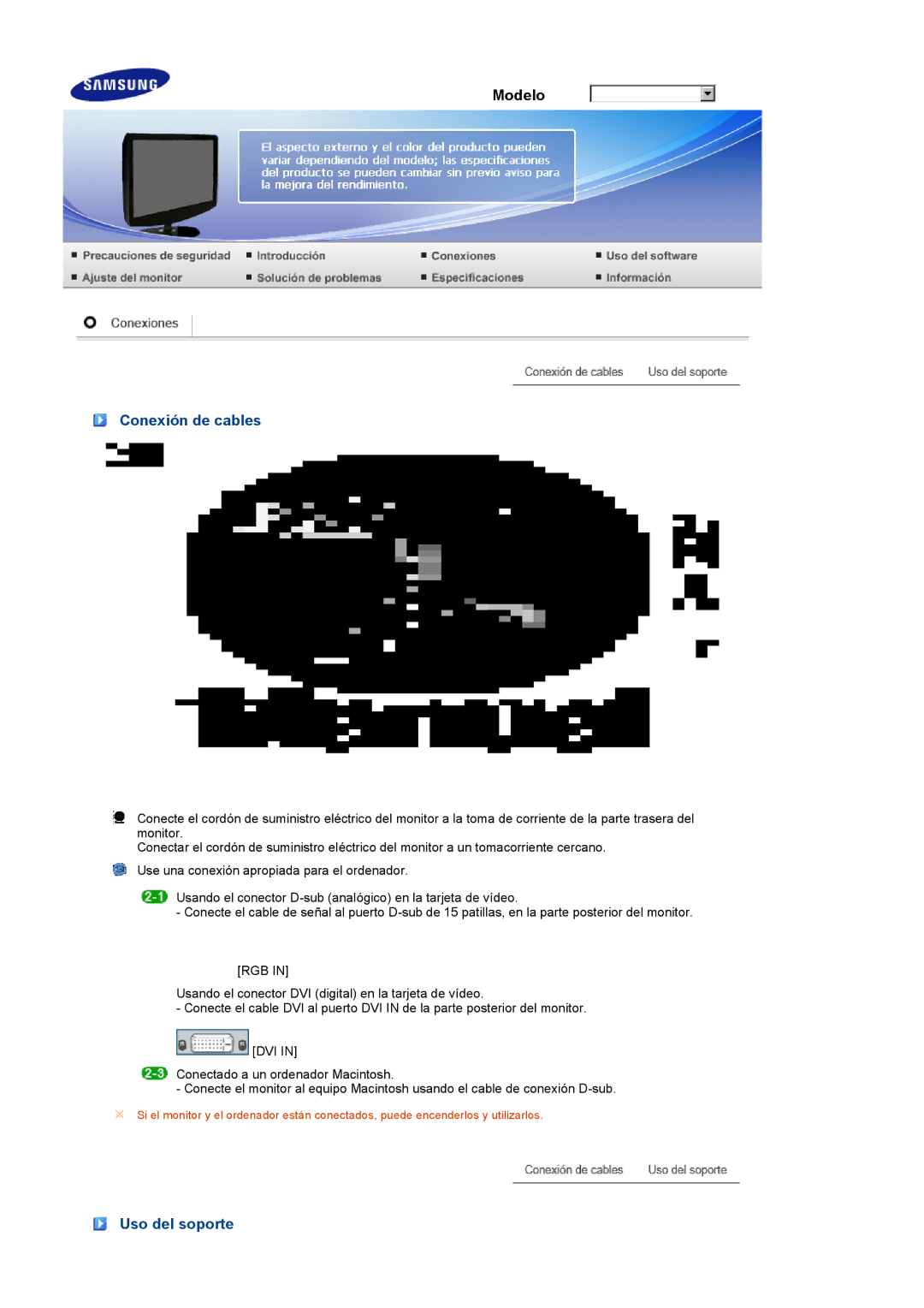 Samsung LS19PEJSFV/EDC manual Conexión de cables, Uso del soporte 