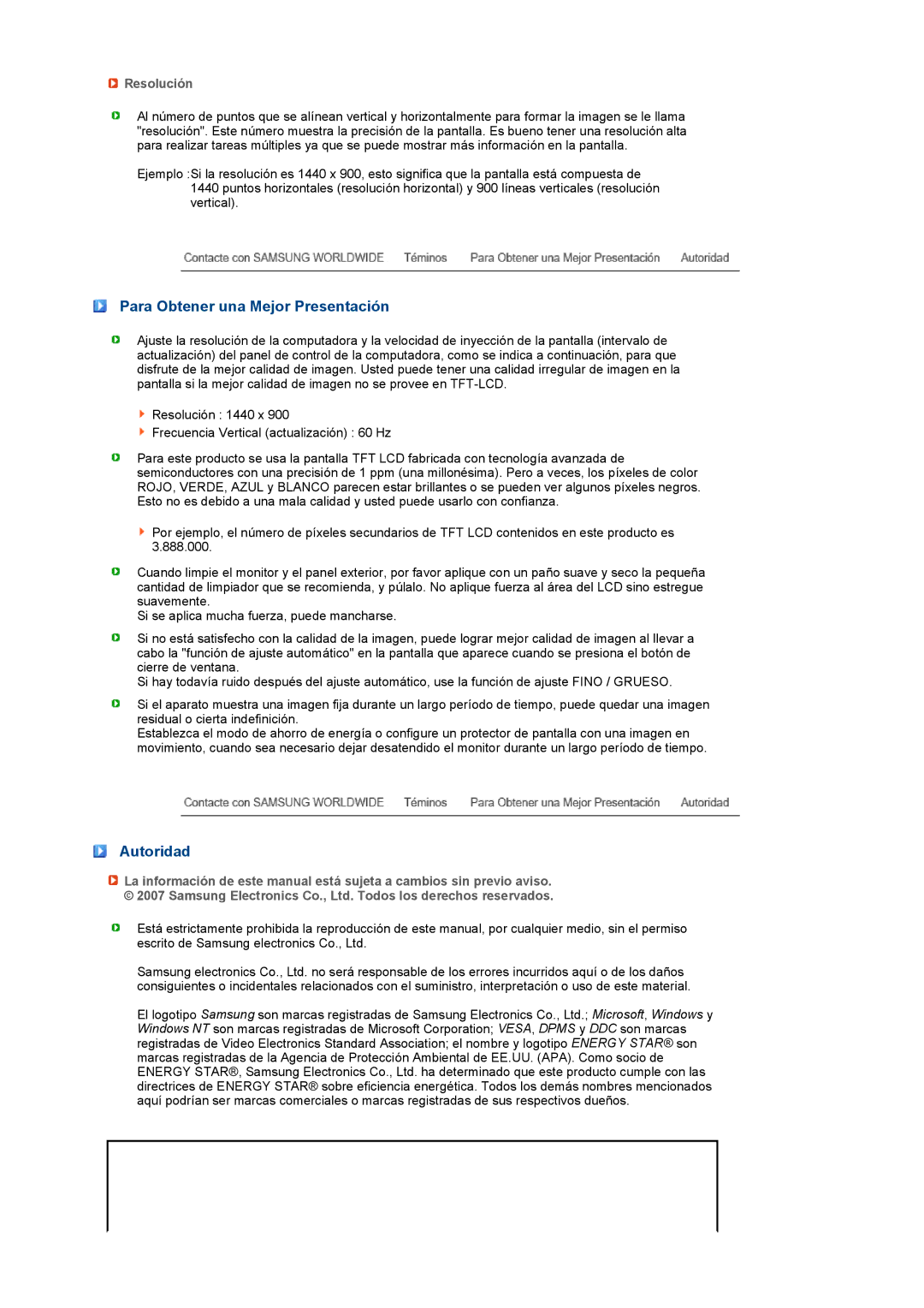 Samsung LS19PEJSFV/EDC manual Para Obtener una Mejor Presentación, Autoridad, Resolución 