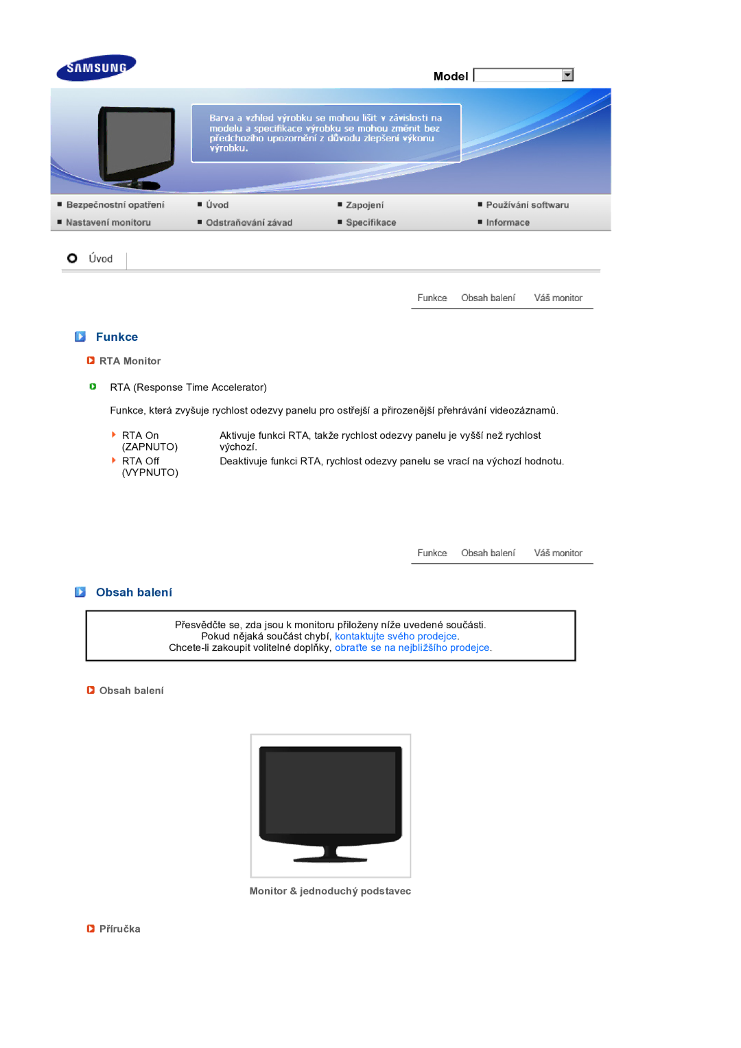 Samsung LS19PEJSFV/EDC manual Funkce, RTA Monitor, Obsah balení Monitor & jednoduchý podstavec Příručka 