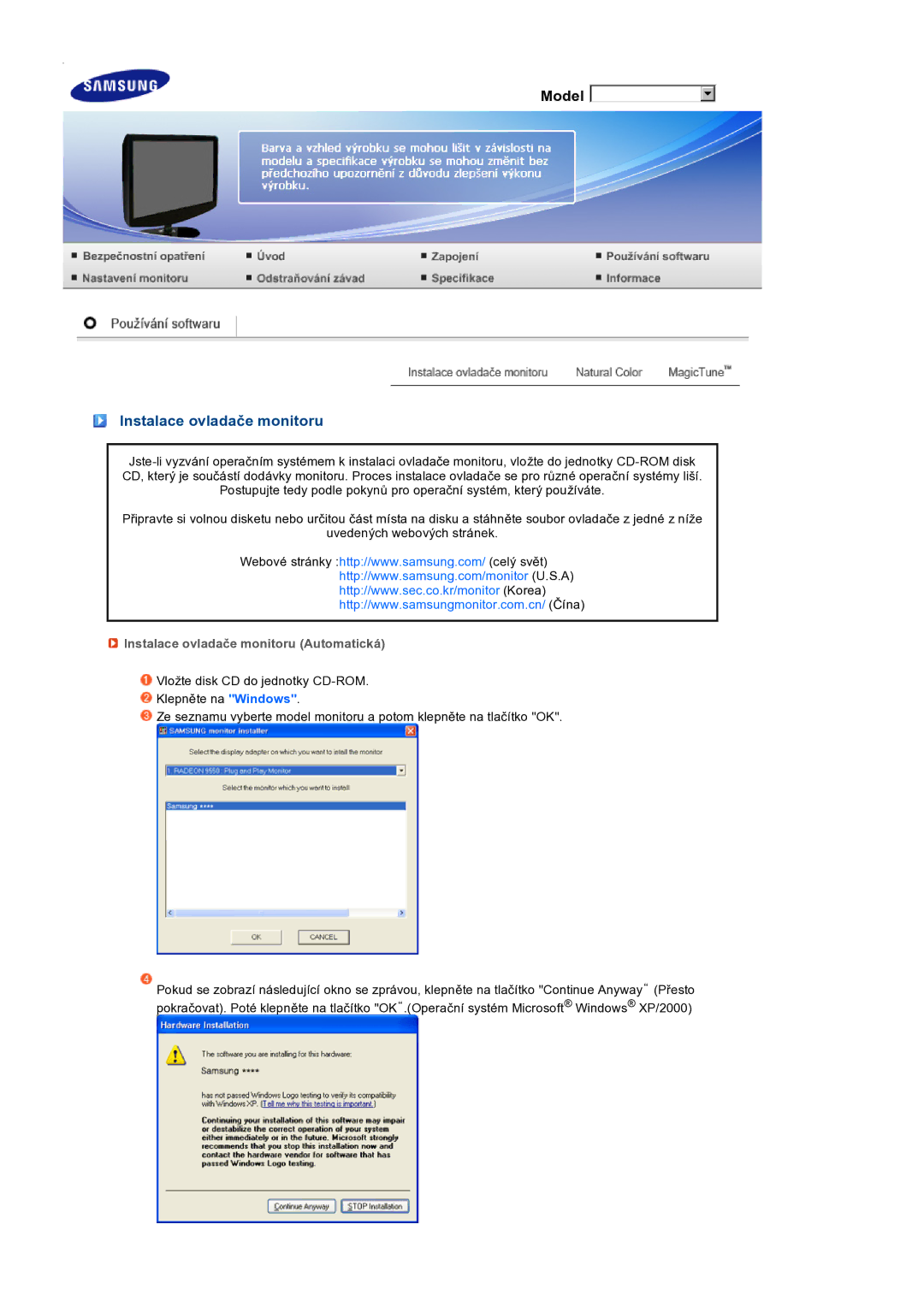 Samsung LS19PEJSFV/EDC manual Instalace ovladače monitoru Automatická 