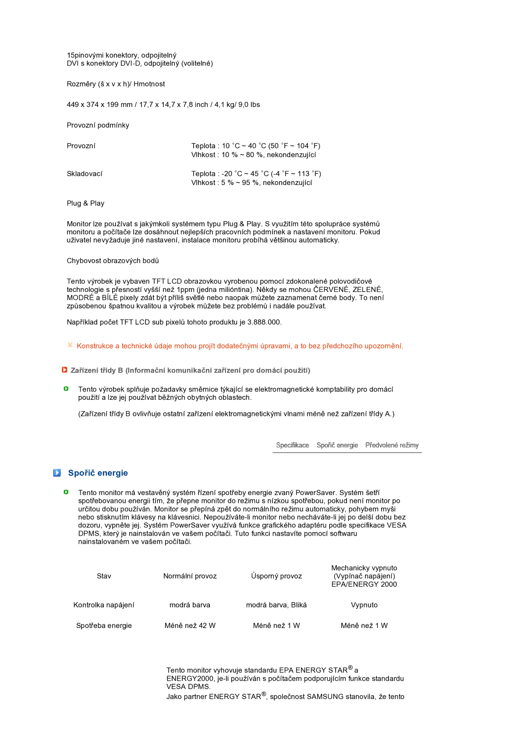 Samsung LS19PEJSFV/EDC manual Spořič energie, Epa/Energy 