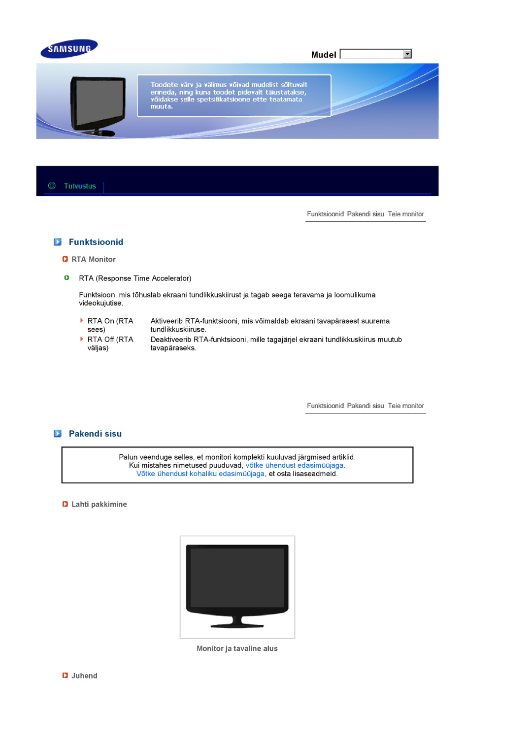 Samsung LS19PEJSFV/EDC manual Funktsioonid, Pakendi sisu, RTA Monitor, Lahti pakkimine Monitor ja tavaline alus Juhend 