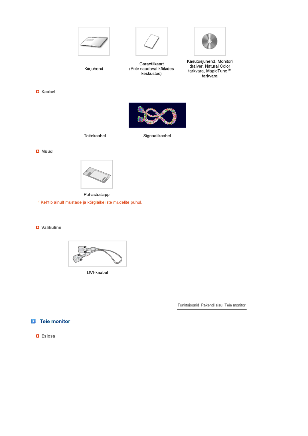 Samsung LS19PEJSFV/EDC manual Teie monitor, Kaabel, Muud, Valikuline, Esiosa 