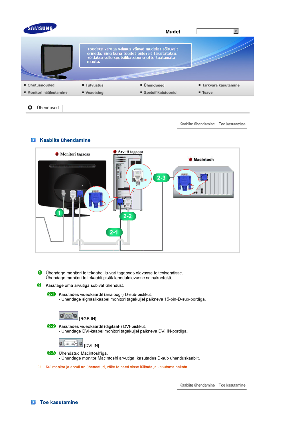 Samsung LS19PEJSFV/EDC manual Kaablite ühendamine, Toe kasutamine 