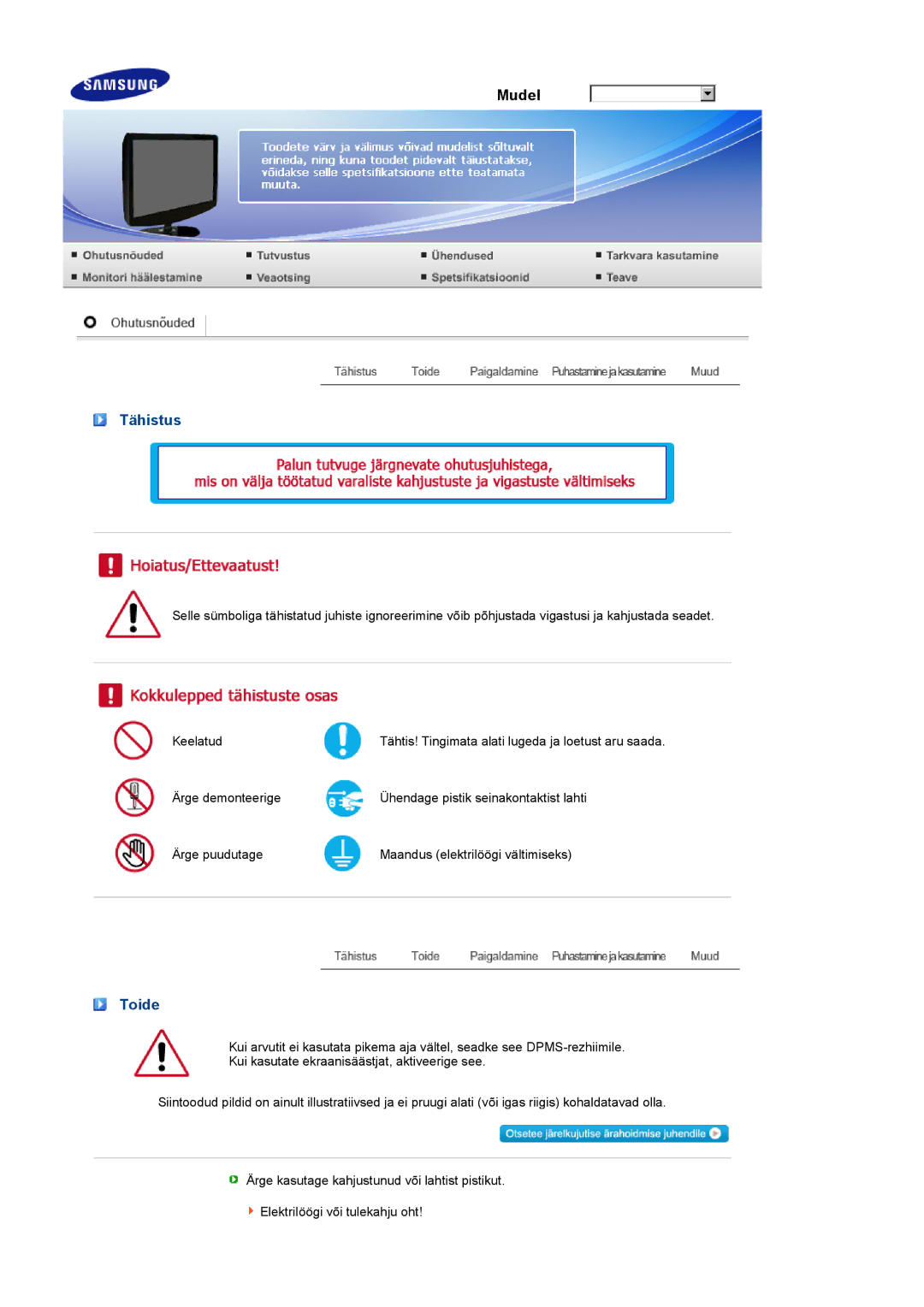 Samsung LS19PEJSFV/EDC manual Tähistus, Toide 